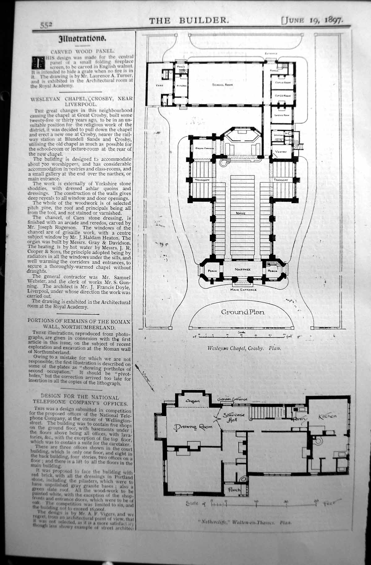 Old Builder 1897 Architecture Ground Plan Wesleyan Chapel Crosby Neth Victorian
