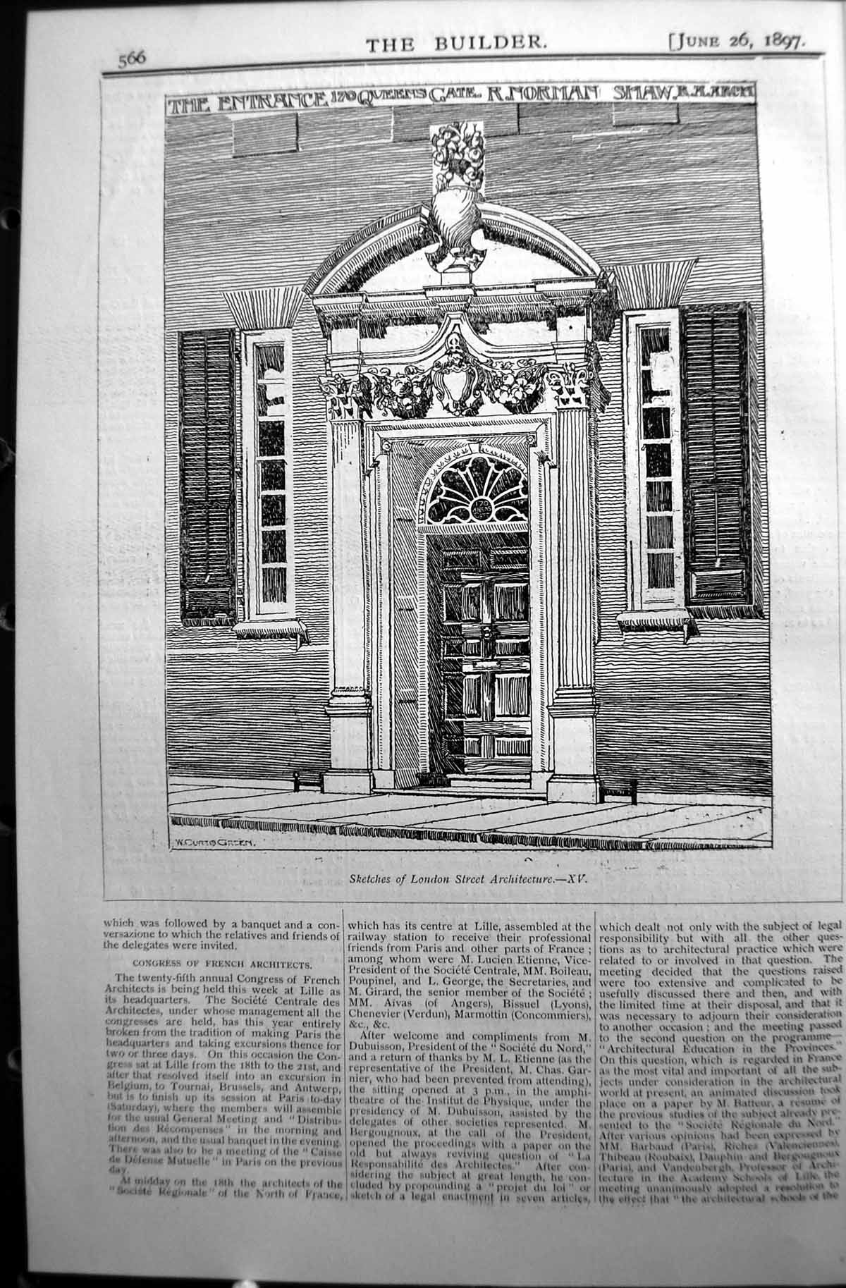 Old Builder 1897 London Street Architecture Entrance Queen'S Gate Nor Victorian