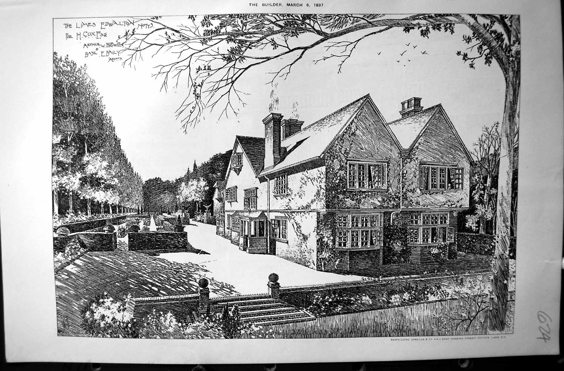 Antique Old Print Limes Edwalton Cox Brewill Baily Builder 1897 Architecture