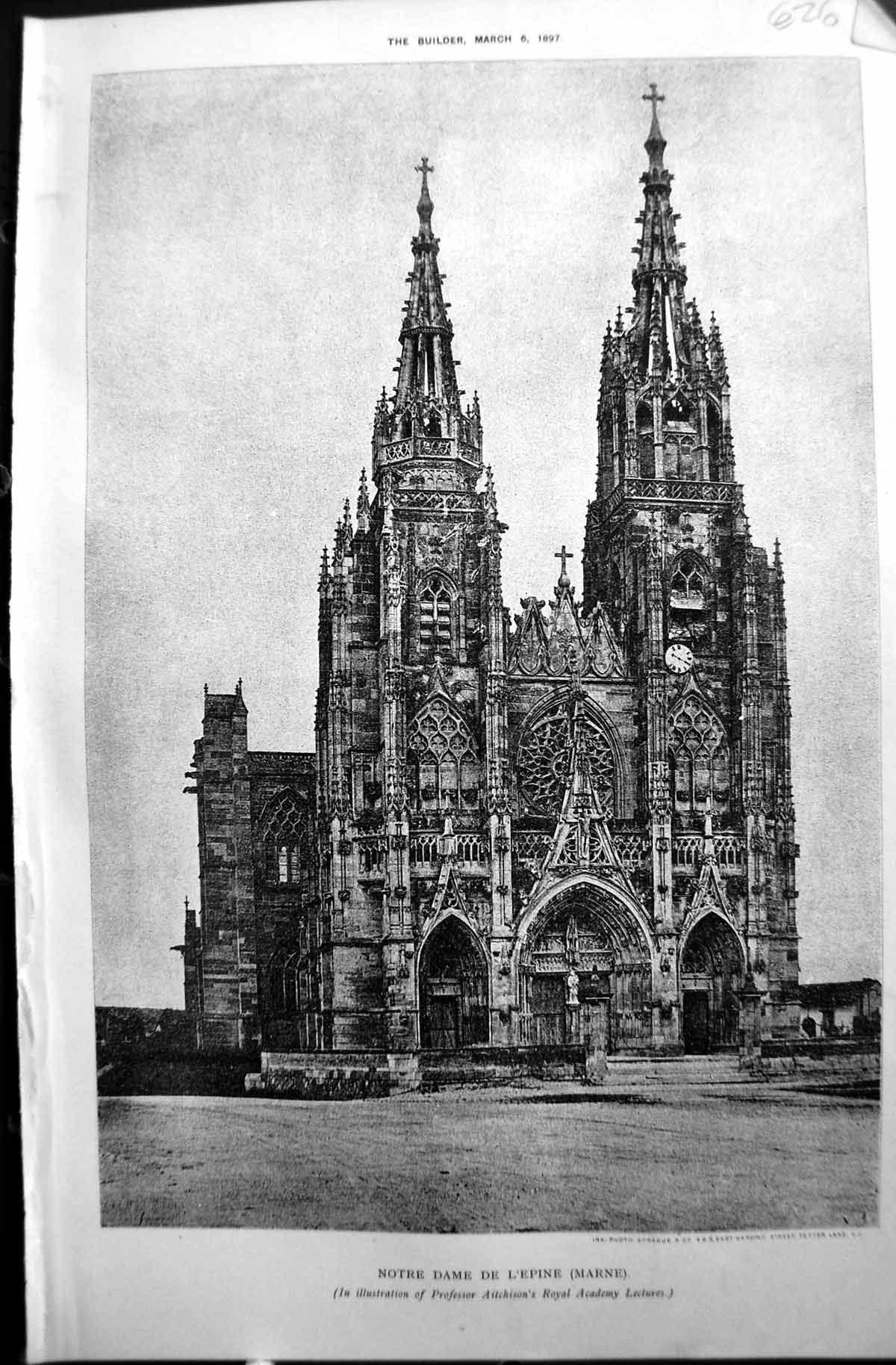 Old Print Notre Dame De L'Epine Marne Aitchison Builder 1897 Architecture 19th