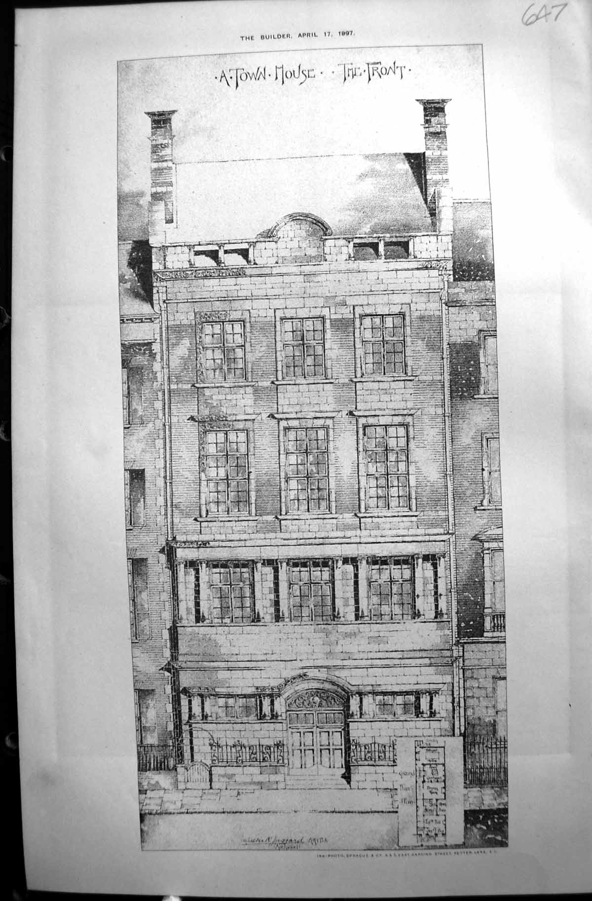 Old Antique Print Town House Front Street View Builder 1897 Architecture 19th