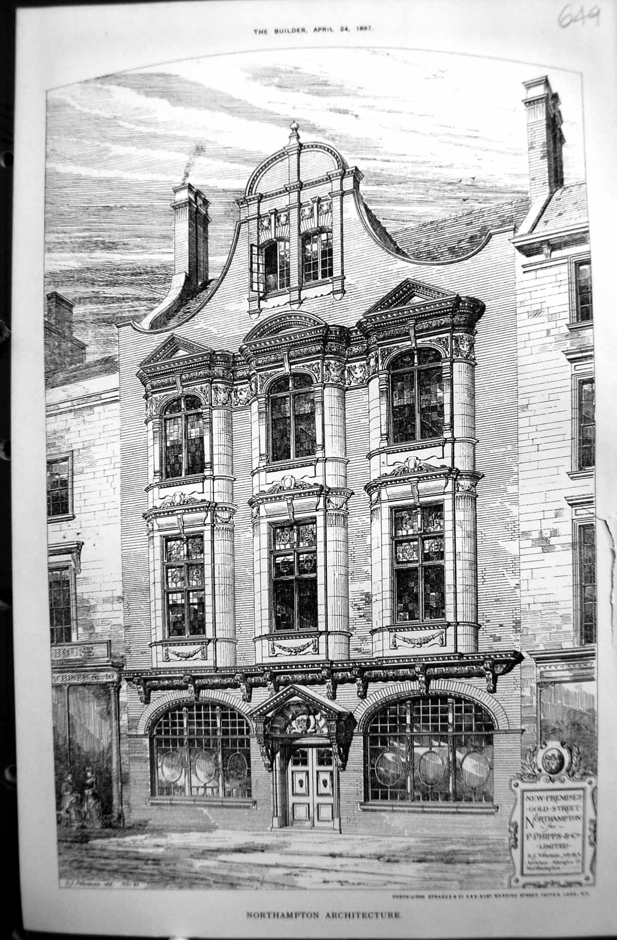 Antique Old Print Northampton GStreet Phipps Newman Builder 1897 Architecture