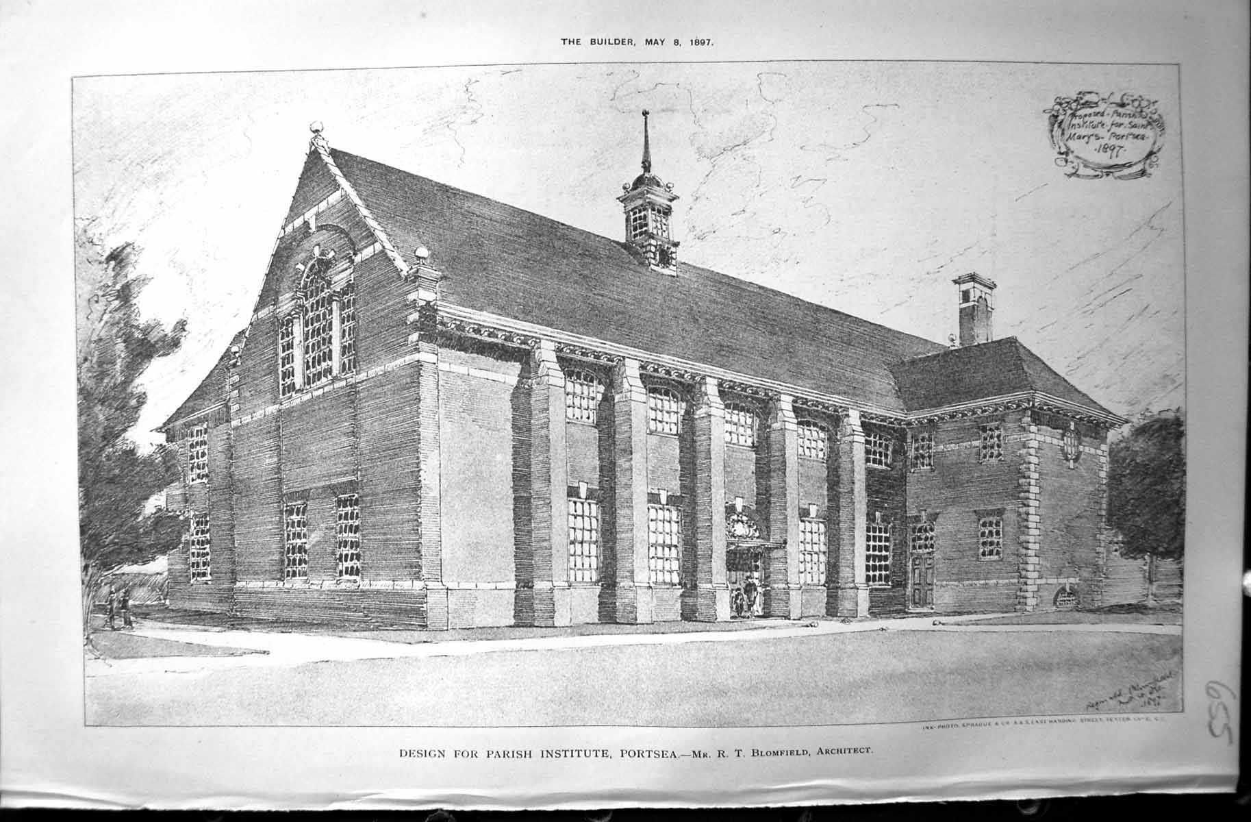 Antique Print Builder 1897 Architecture Parish Institute Portsea Blomfield 19th
