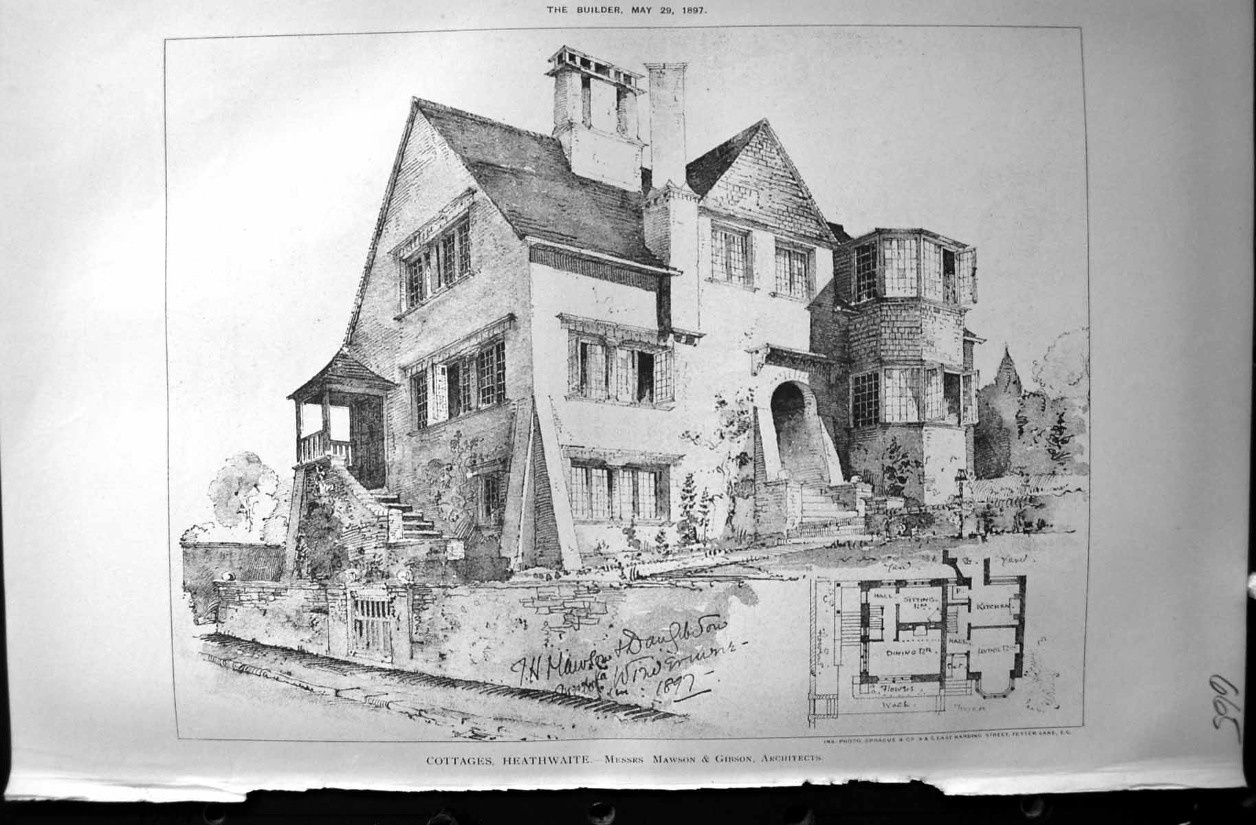 Antique Old Print Cottages Heathwaite Mawson Gibson Builder 1897 Architecture