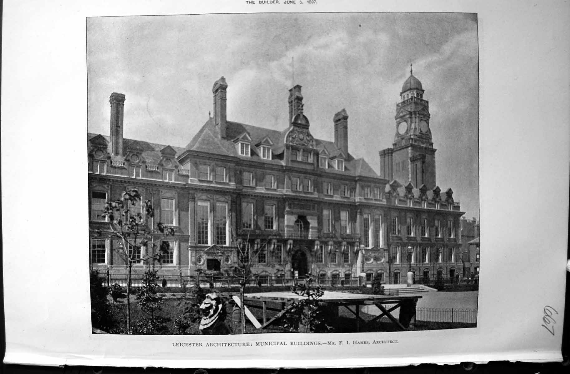 Antique Print Leicester Municipal Buildings Hames Builder 1897 Architecture