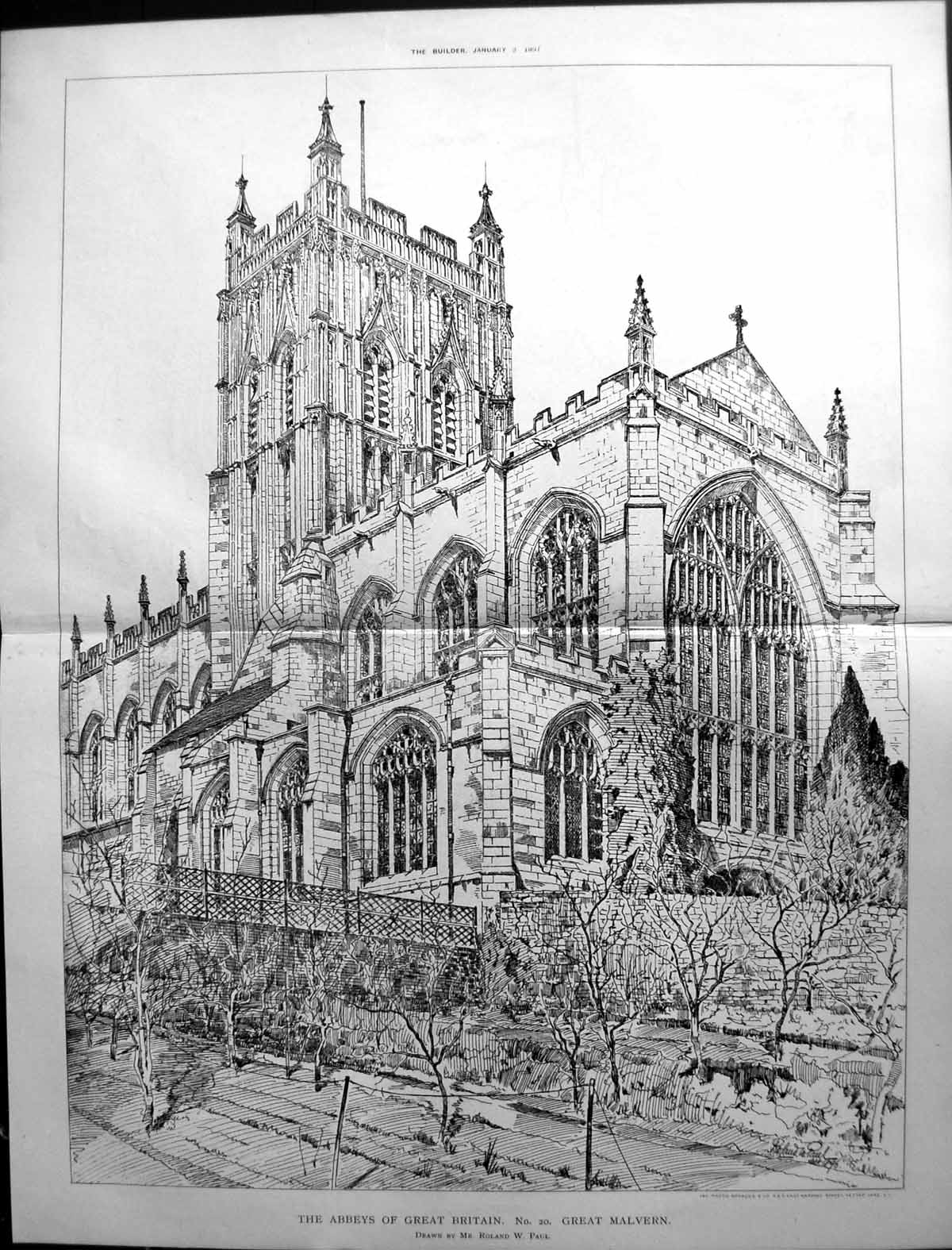 Antique Old Print Builder 1897 Architecture Great Malvern Abbey Roland Paul