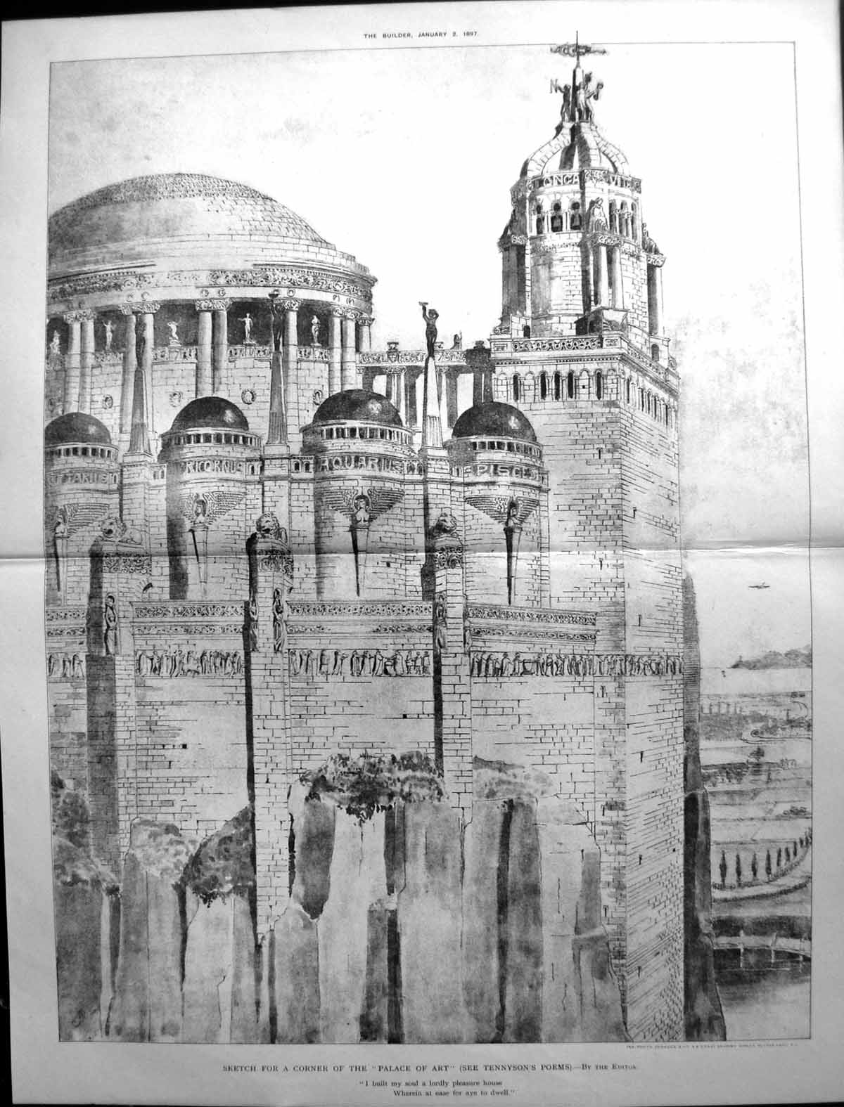 Old Antique Print Builder 1897 Architecture Building Palace Art Tennyson 19th