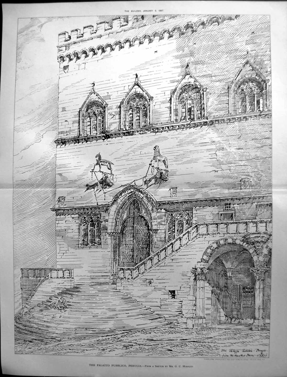 Antique Old Print Palazzo Pubblico Perugia Horsley Builder 1897 Architecture