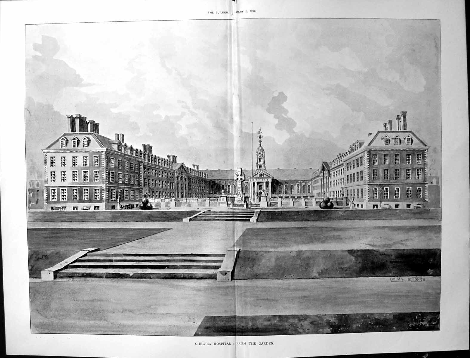 Old Antique Print Builder 1897 Architecture Chelsea Hospital Garden View 19th