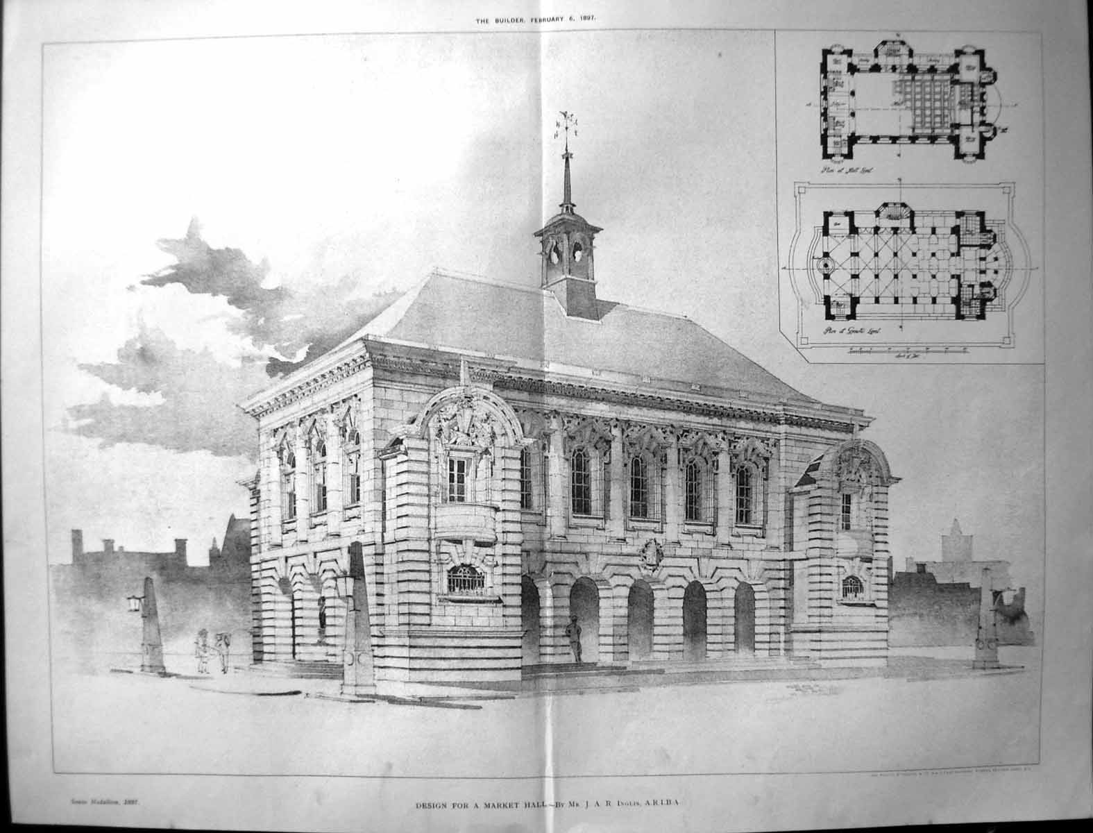 Original Old Antique Print Builder 1897 Architecture Market Hall Design Inglis