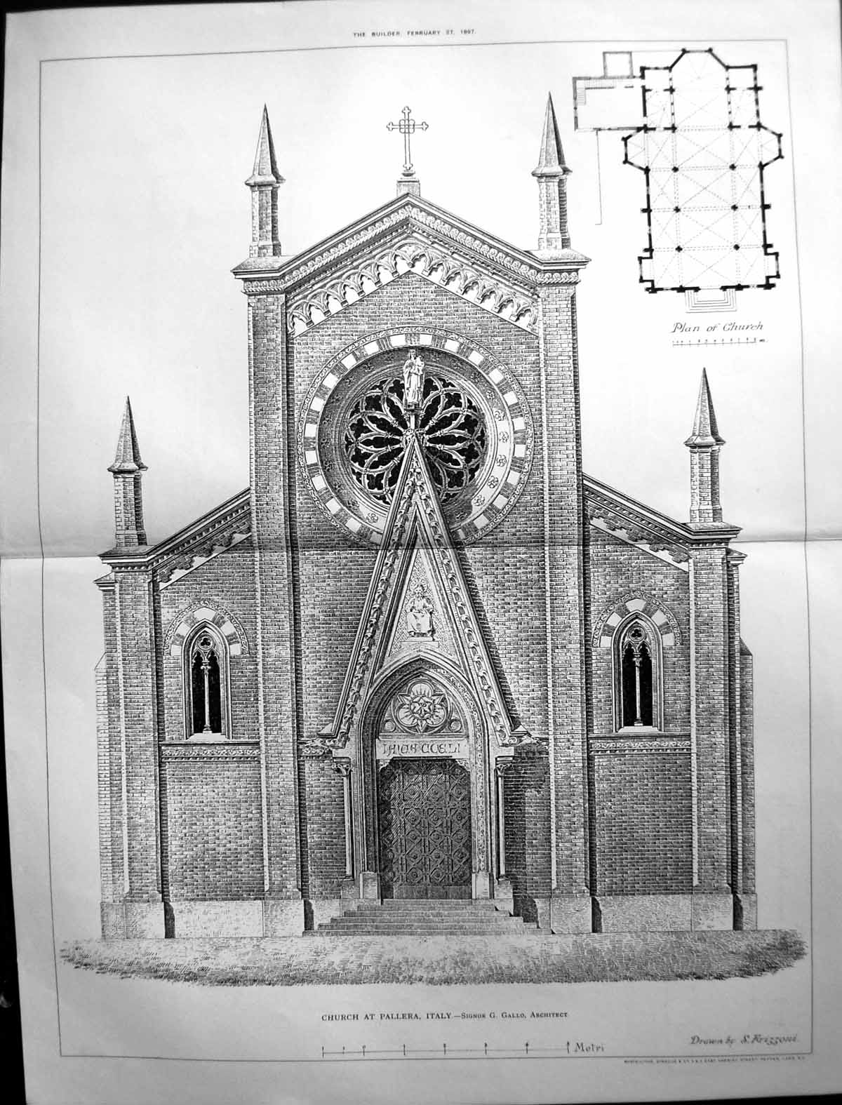 Antique Old Print Builder 1897 Architecture Plan Church Pallera Italy Gallo