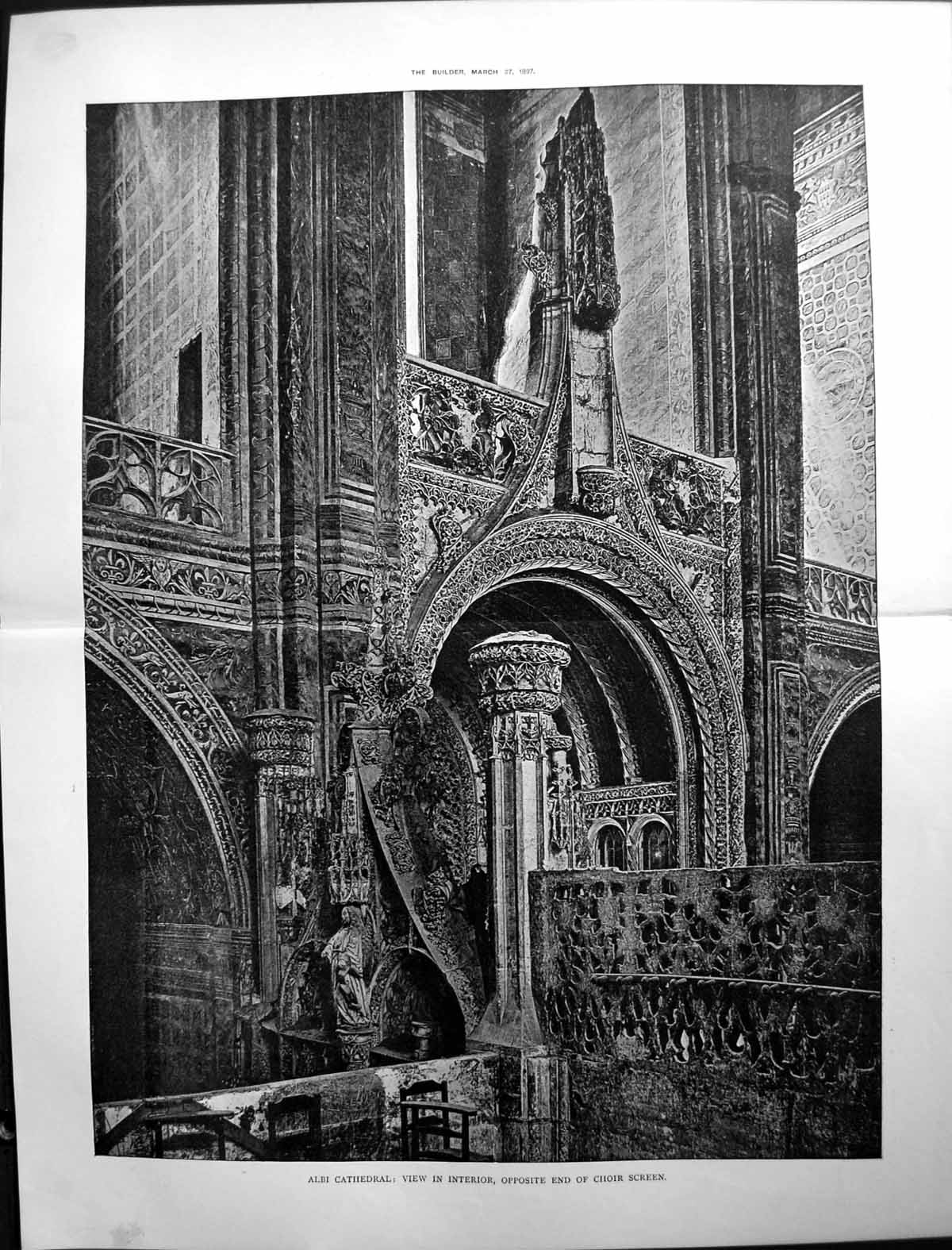 Old Print Builder 1897 Architecture Albi Cathedral Interior Choir Screen 19th