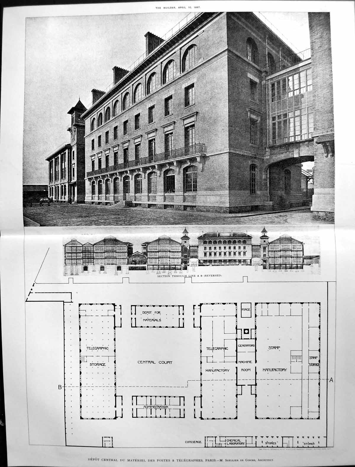 Old Builder 1897 Architecture Depot Central Materiel Postes Telegraph 19th