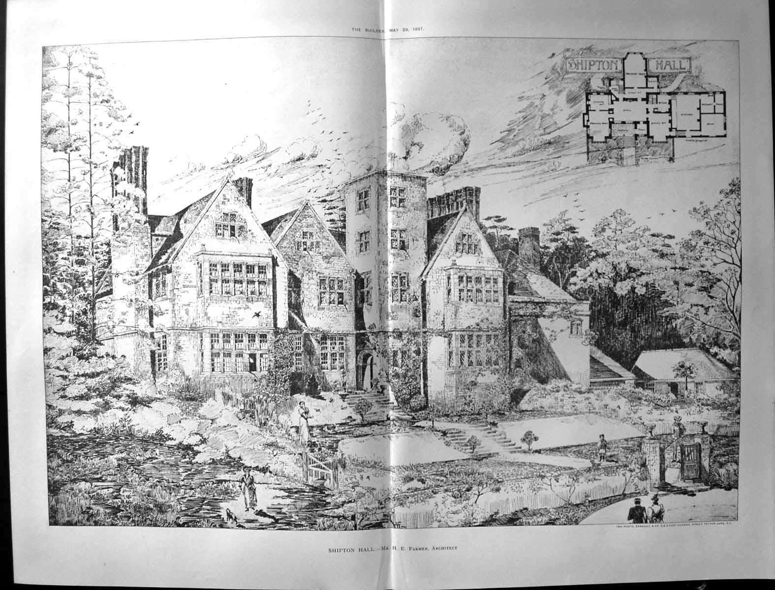 Original Old Antique Print Builder 1897 Architecture Shipton Hall Plan Farmer