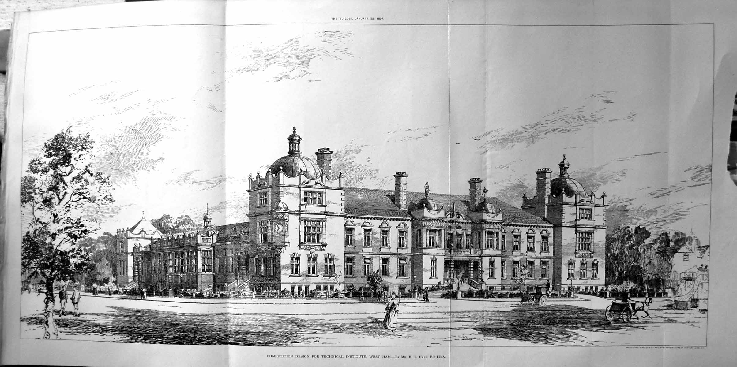 Antique Print Builder 1897 Architecture Technical Institute West Ham Hall 19th