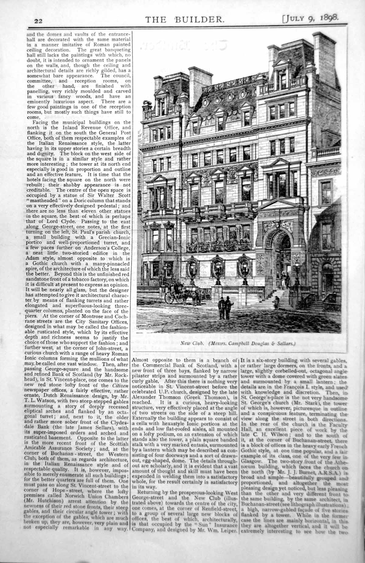Antique Print Glasgow New Club Messrs Campbell Douglas & Sellars Arch 1898 19th