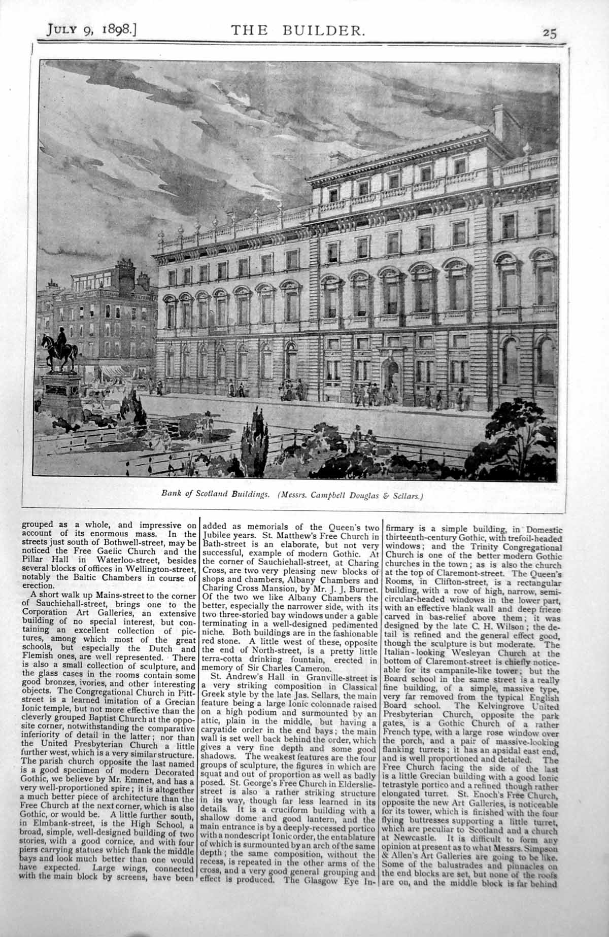 Antique Old Print Bank Scotland Buildings Glasgow Bargemen'S Institute 1898 0