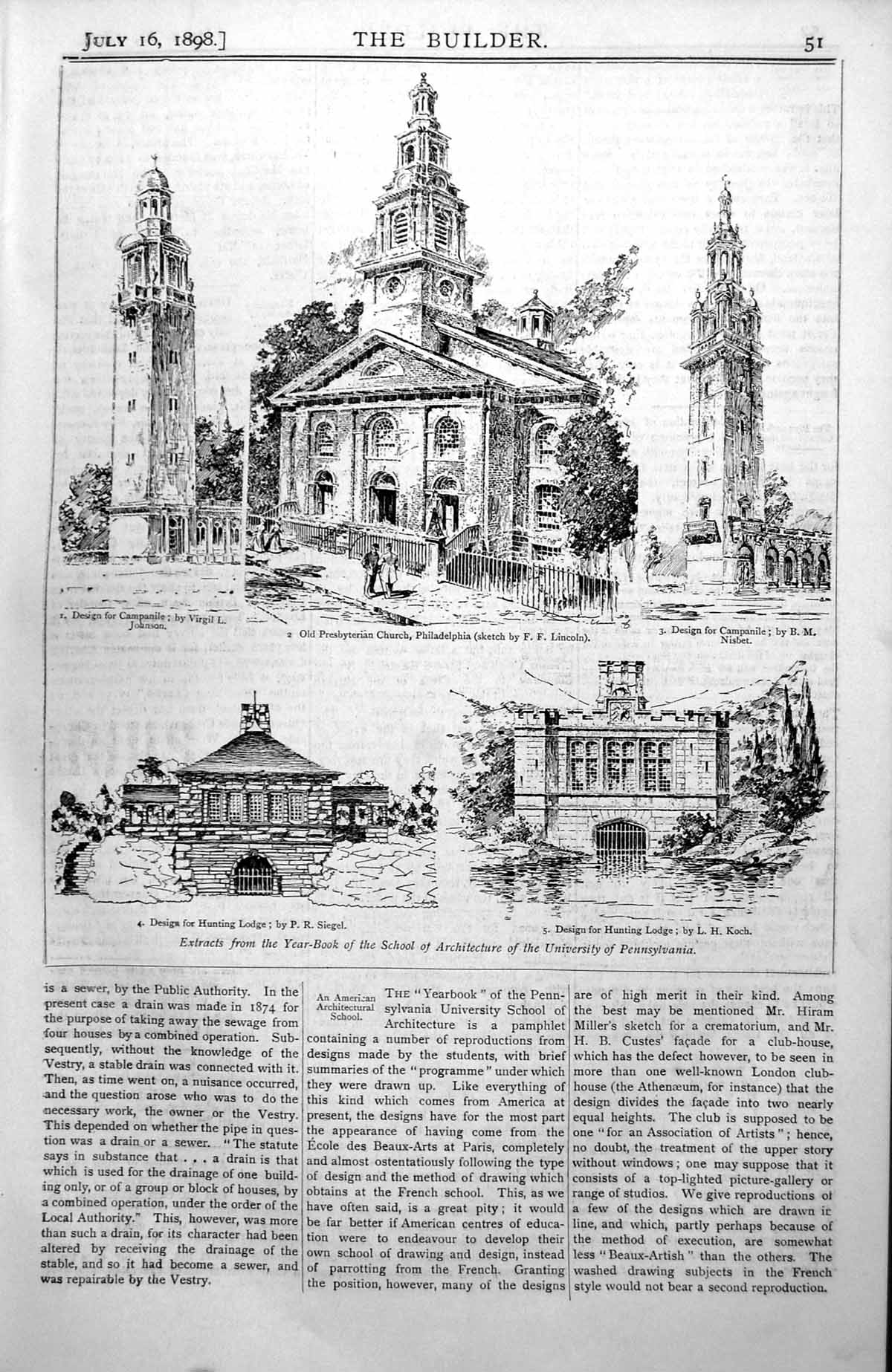 Old Antique Print Pennsylvania Presbyterian Church Campanile Designs 1898 19th