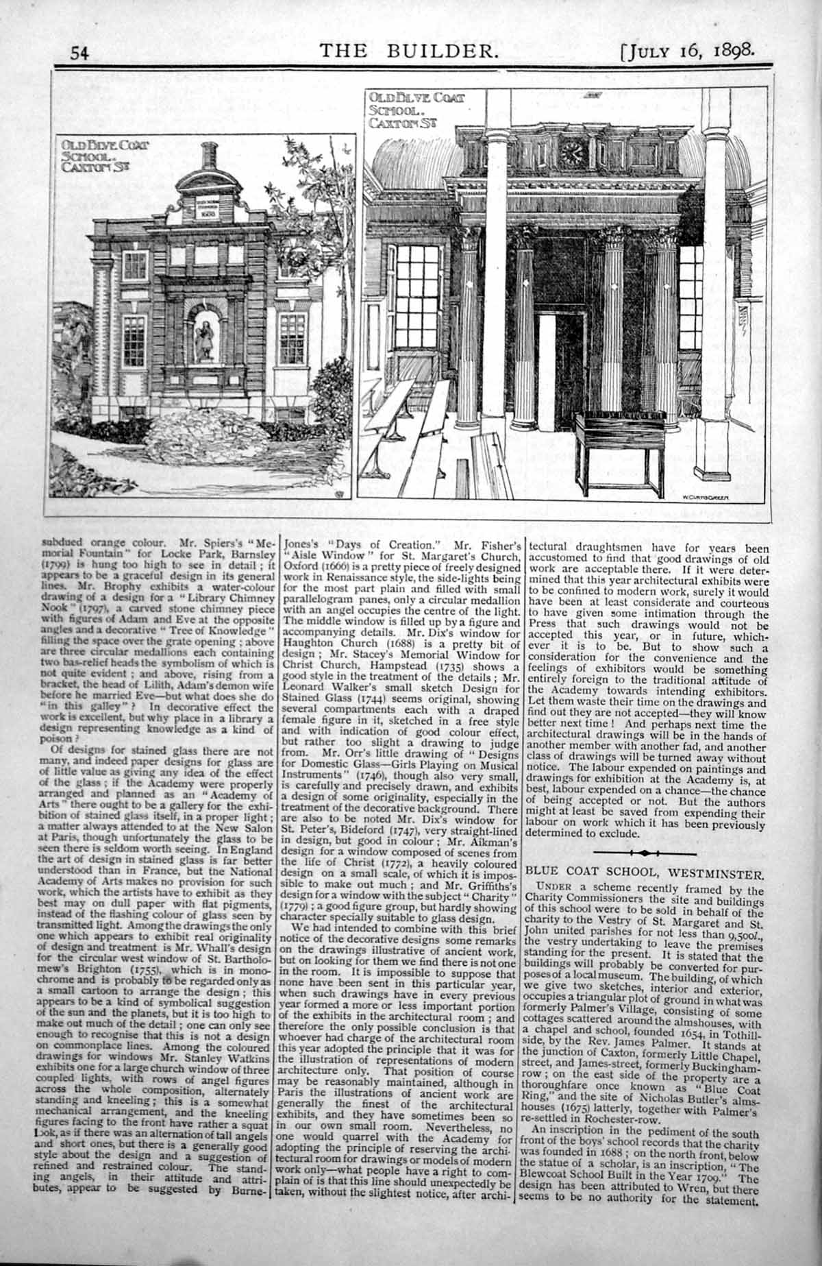 Antique Print Blue Coat School Caxton St Westminster Exterior Interior 1898
