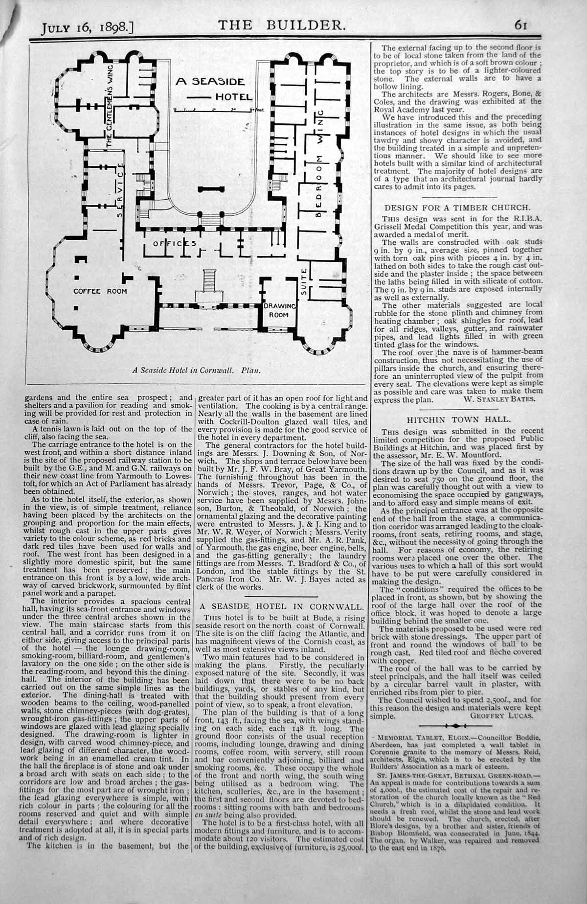 Old Antique Print Seaside Hotel Cornwall Plan Bude Plans Annotated 1898 19th