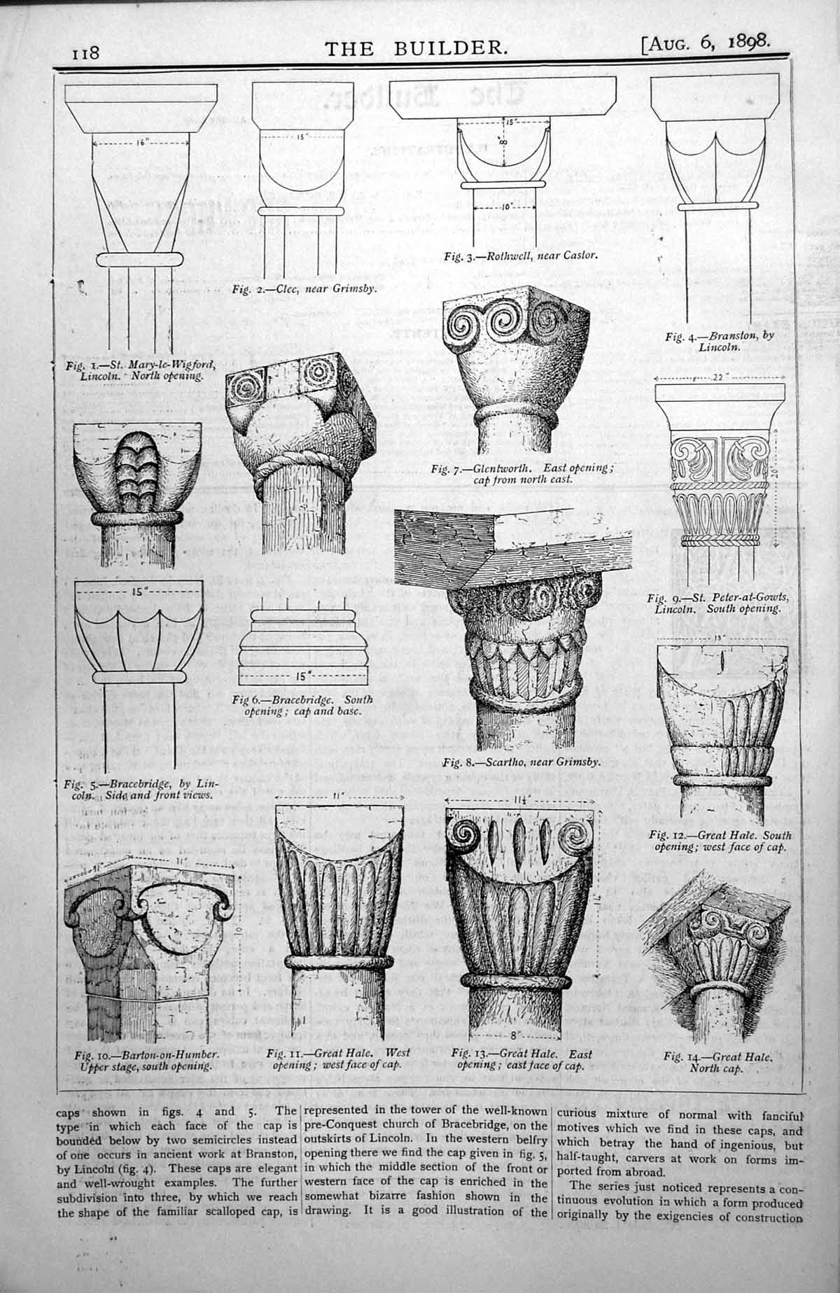 Old Antique Print Column Caps Great Hale Scartho Grimsby Glentworth 1898 19th