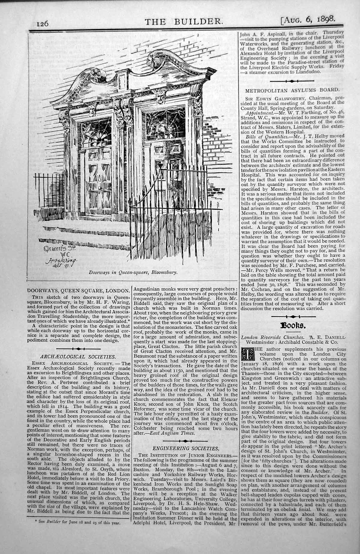 Original Old Antique Print Doorways In Queen Square Bloomsbury Hf Waring 1898