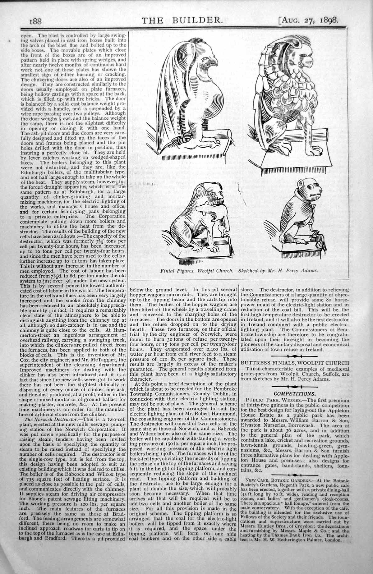 Antique Old Print Finial Figures Woolpit Church Sketched H Percy Adams 1898