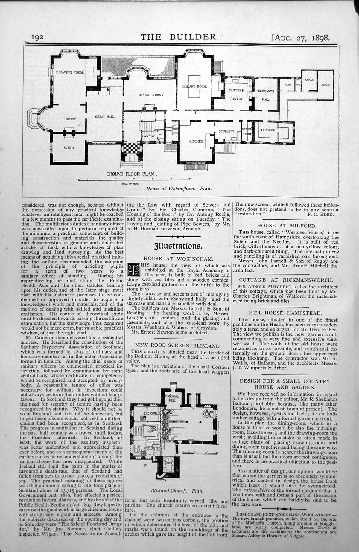 Old Antique Print House At Wokingham Plan Annotated Blisland Church 1898 19th