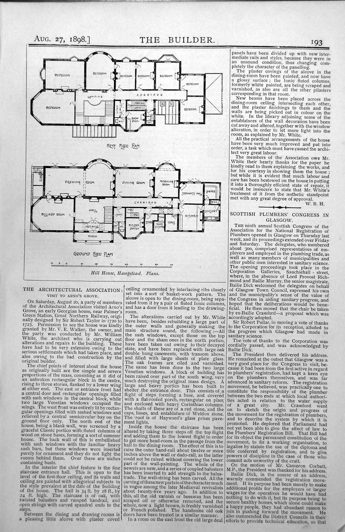 Antique Print Hill House Hampstead Plans First Floor Ground Annotated 1898 19th