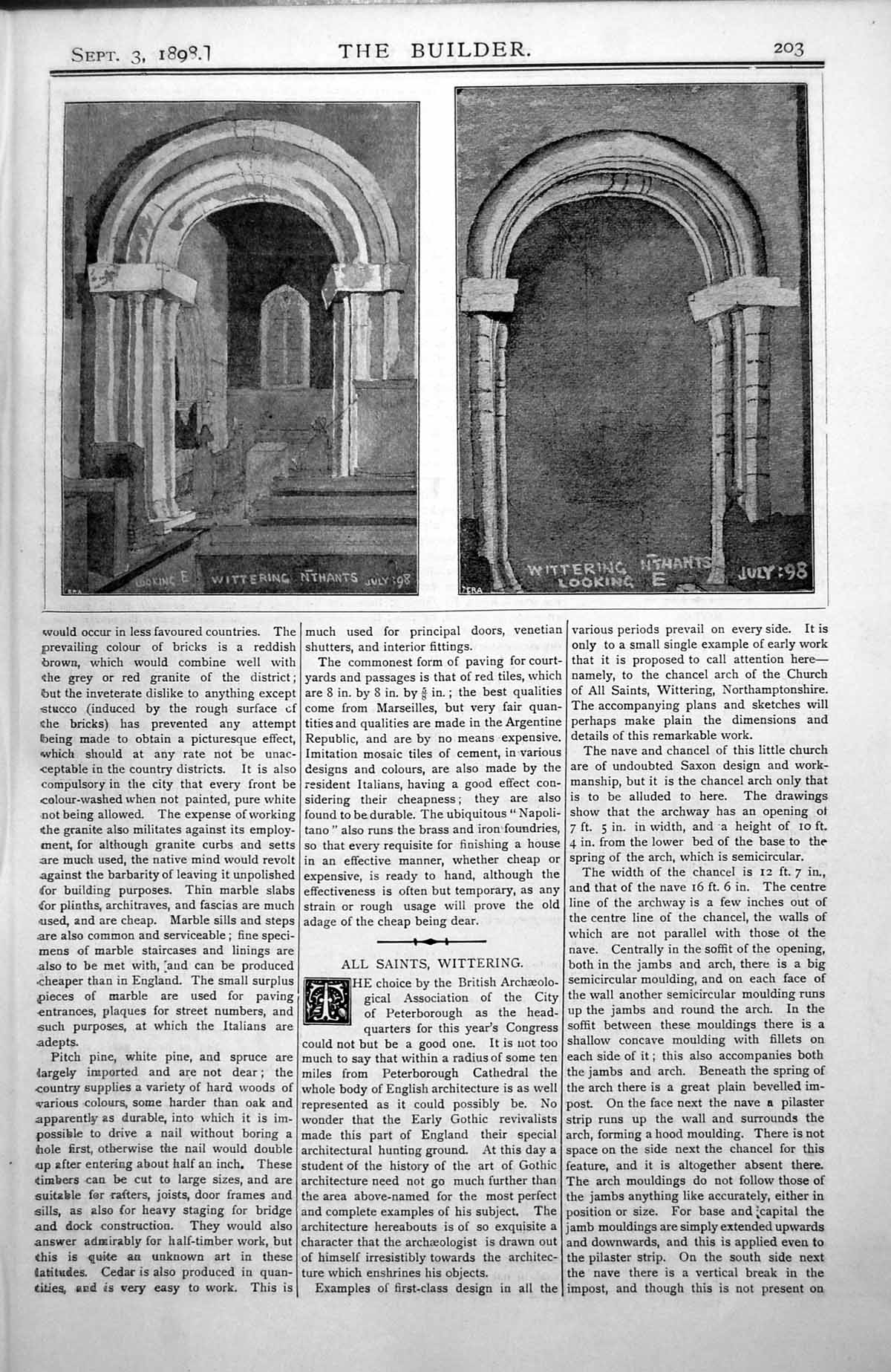 Original Old Antique Print Wittering Northants Nave Looking East Sketches 1898