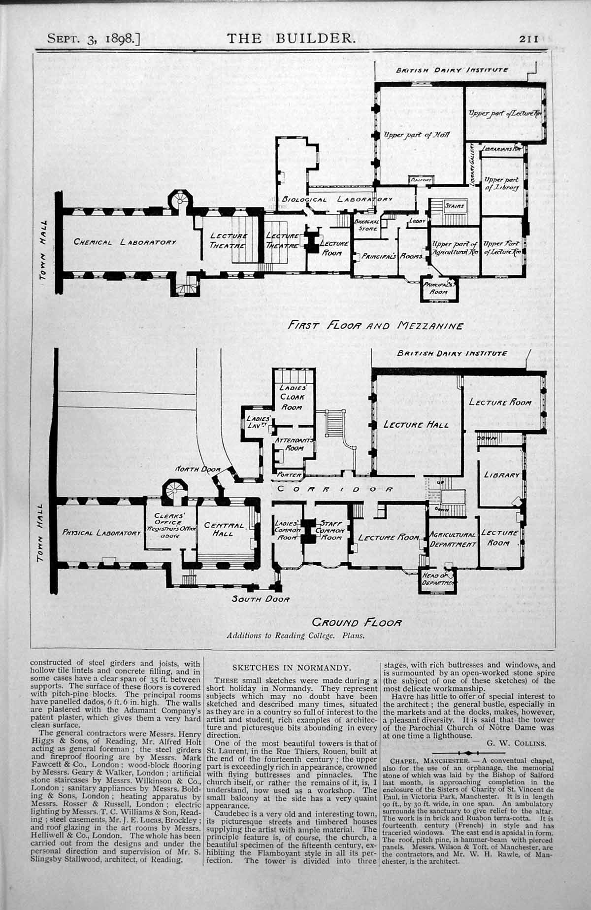 Antique Print Additions To Reading College Plans First Floor Mezzanine 1898
