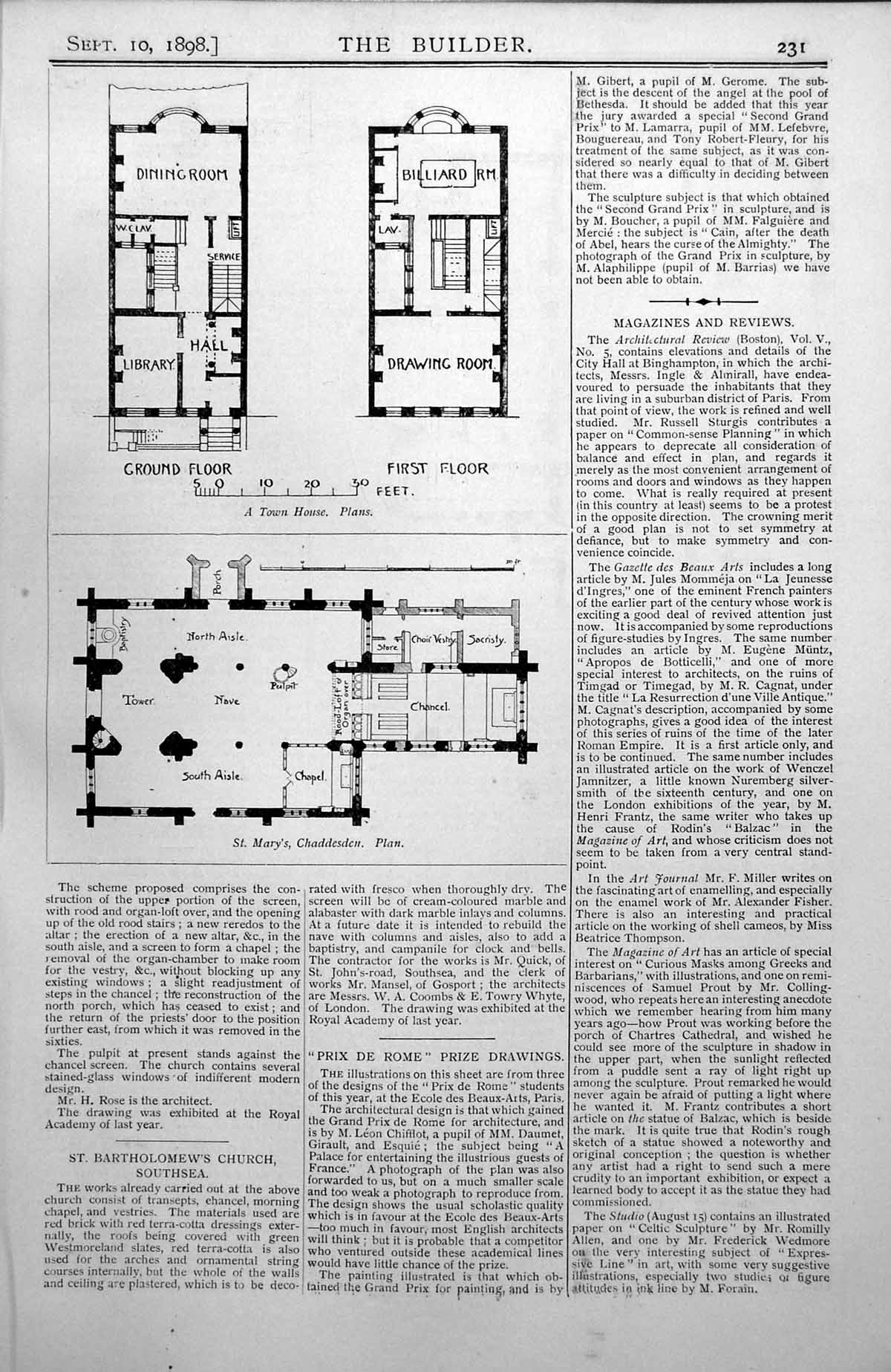 Antique Old Print St. Mary'S Chaddesden Plan St. Bartholemew'S Southsea 1898
