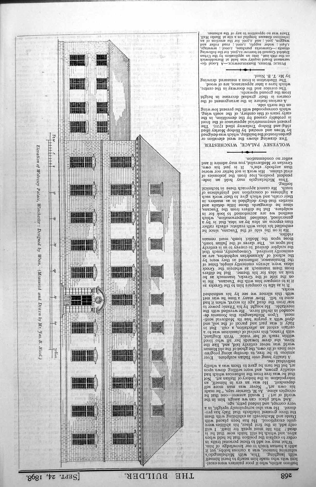 Old Antique Print Elevation Wolvesey Palace Winchester Designed Wren 1898 19th