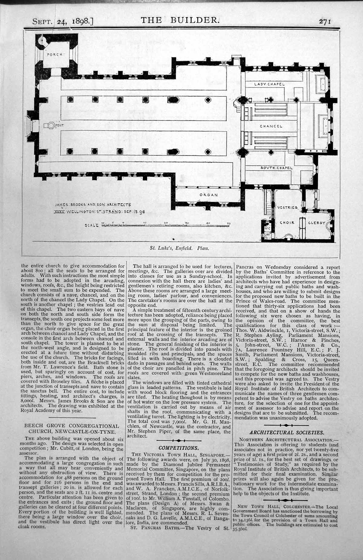 Antique Print St. Luke'S Enfield Plan Congregational Church Newcastle 1898