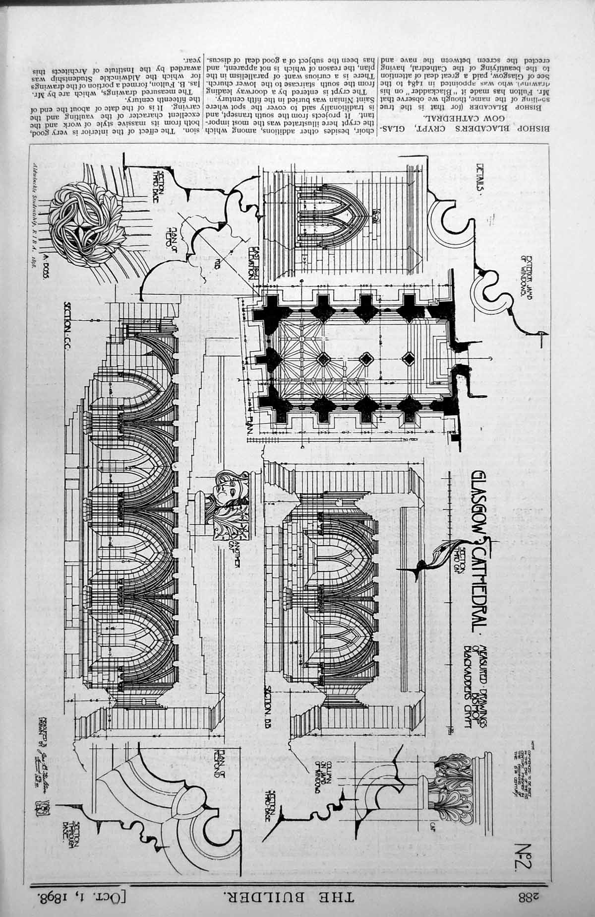 Antique Old Print Glasgow Cathedral Drawings Bishop Blackadders Crypt 1898 19th