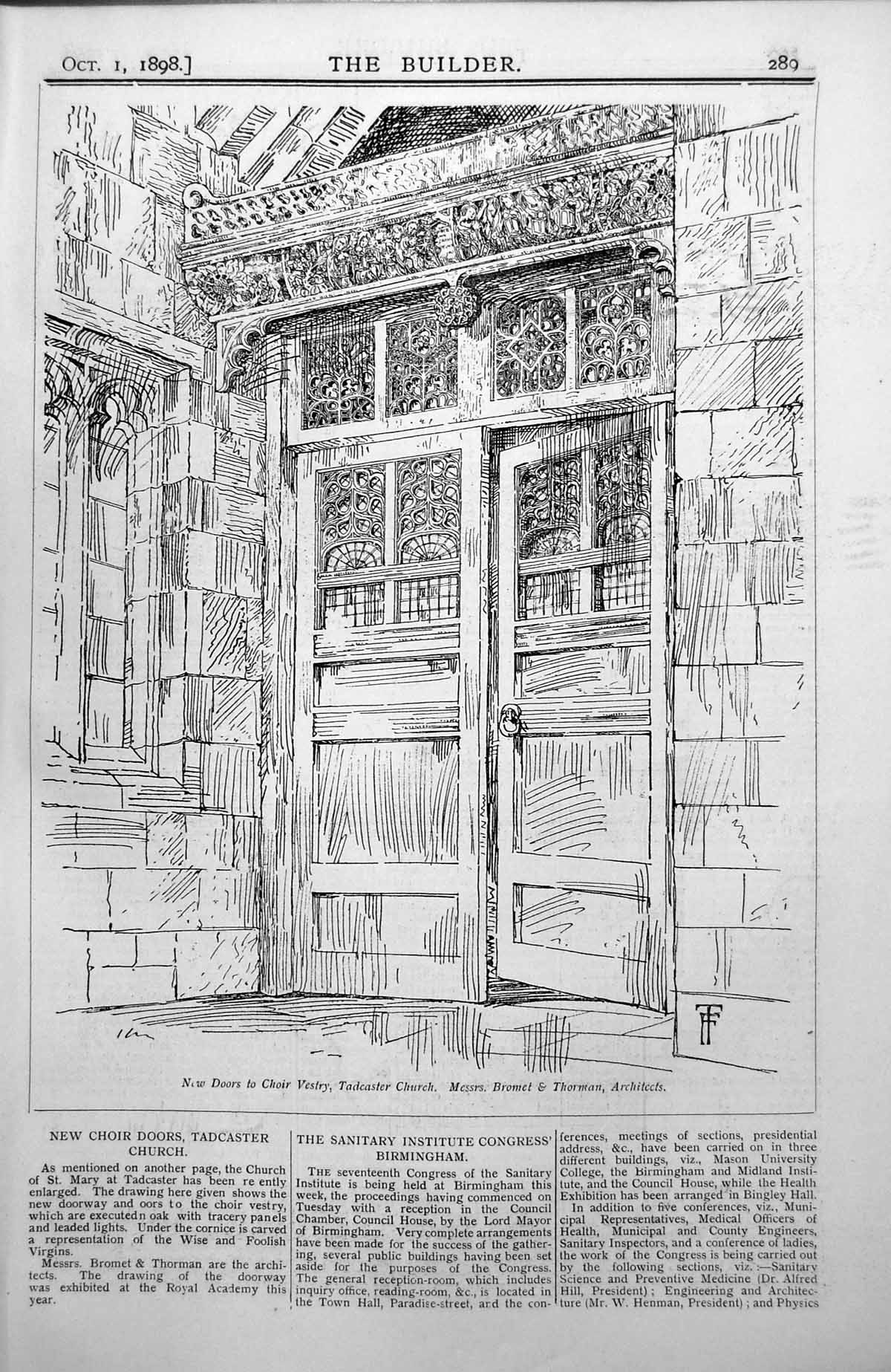 Antique Print New Doors Choir Vestry Tadcaster Church Bromet Architect 1898
