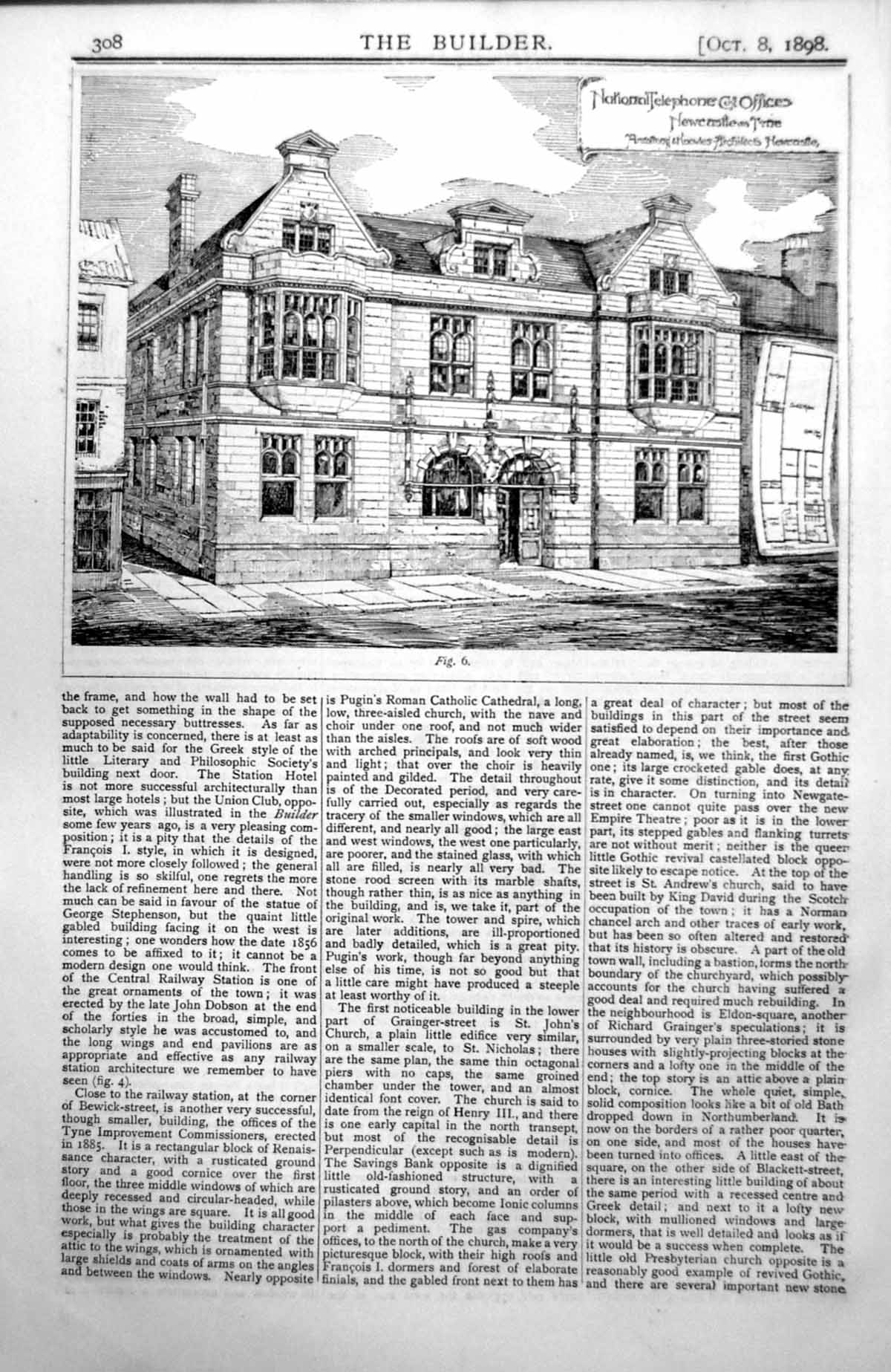 Antique Old Print National Telephone Offices Newcastle Jesus Hospital 1898