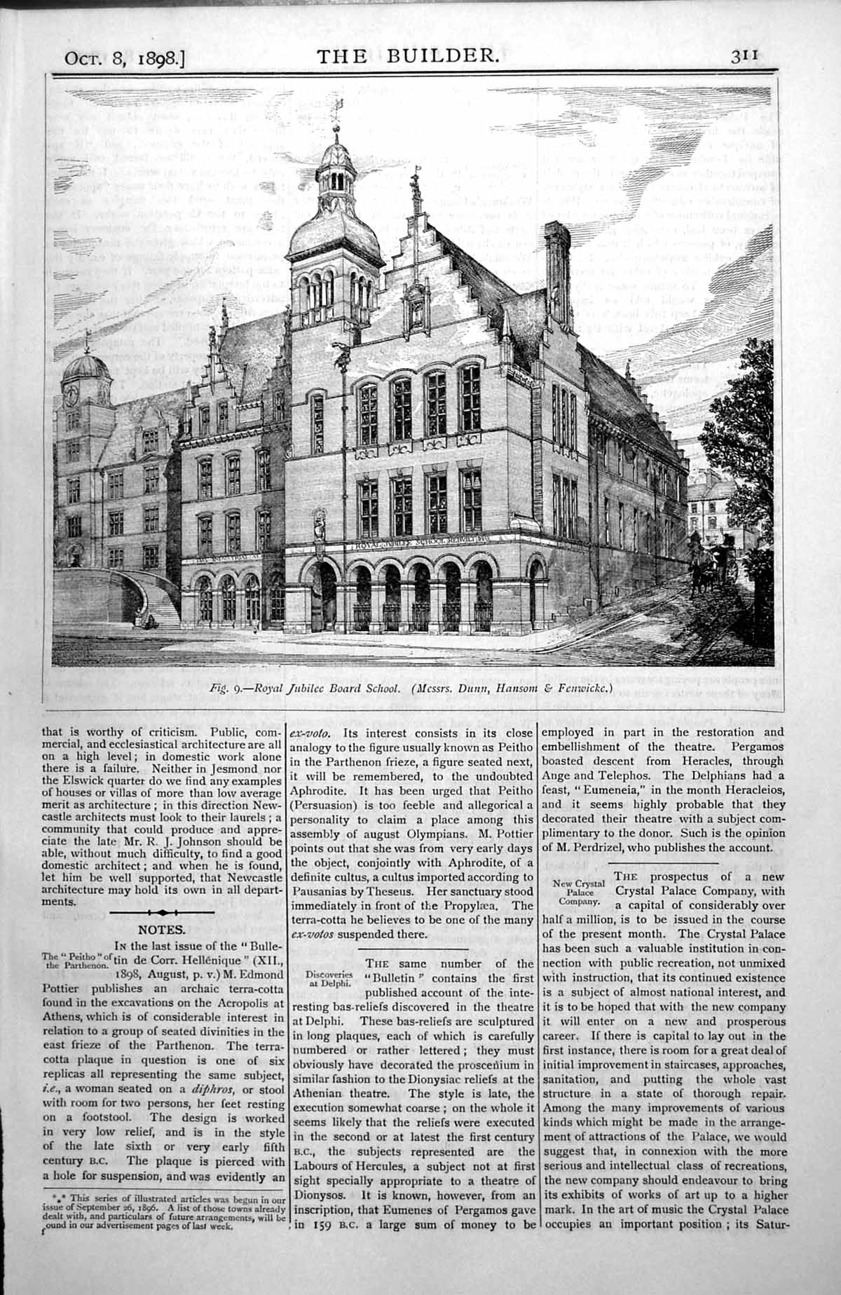 Antique Old Print Royal Jubilee Board School Messrs Dunn Hansom Fenwicke 1898