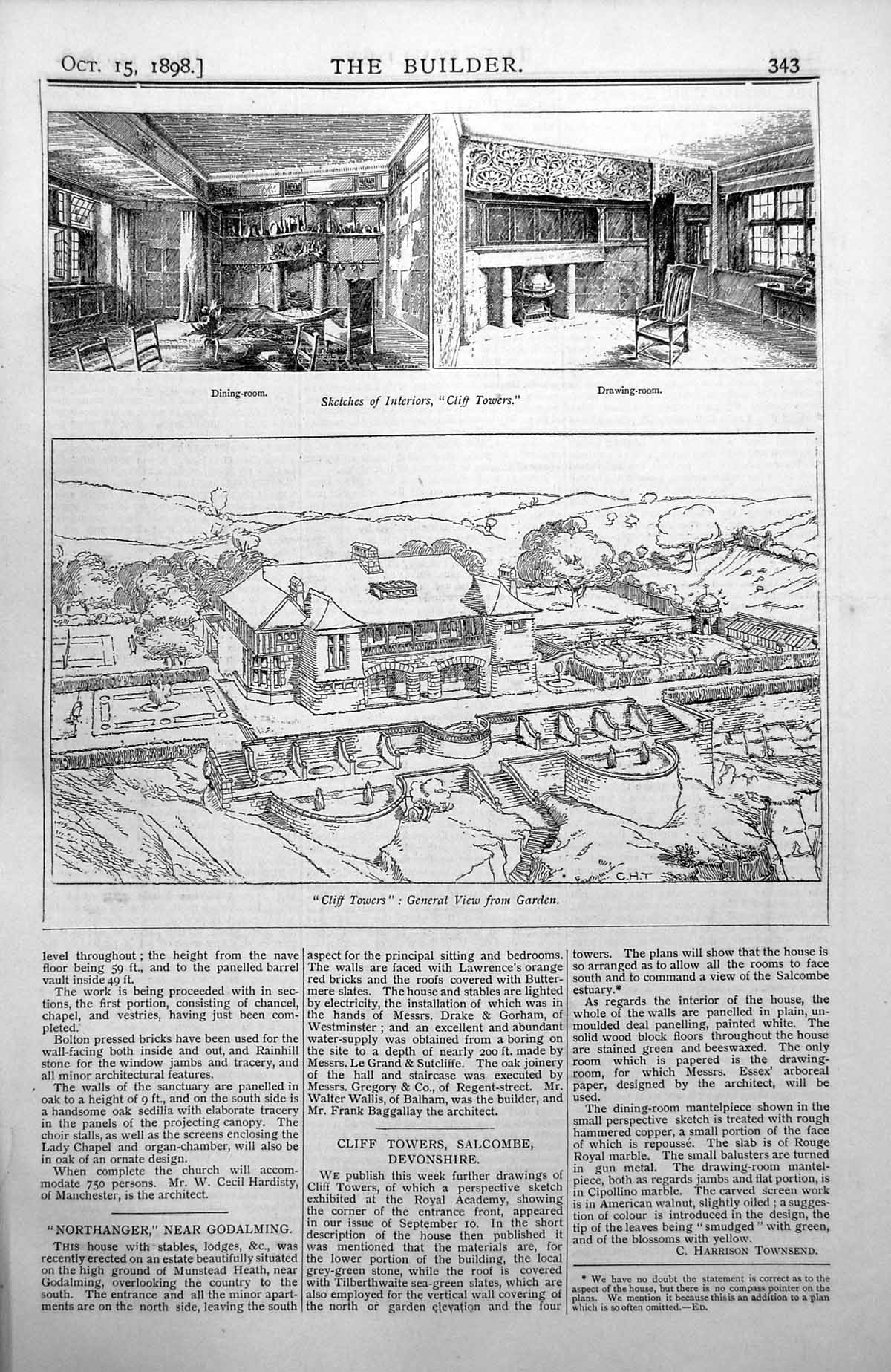 Antique Old Print Cliff Towers View Garden Salcombe Devonshire Interiors 1898