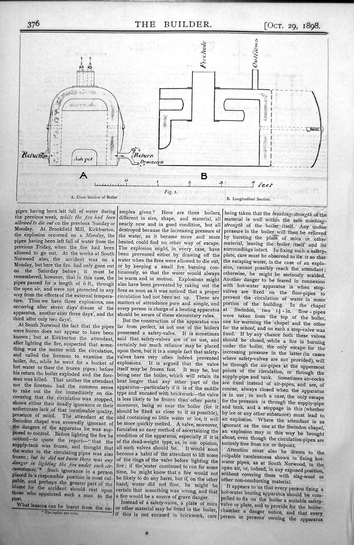 Antique Old Print Cross Section Boiler Return Ash Pit Firehole Outflows 1898