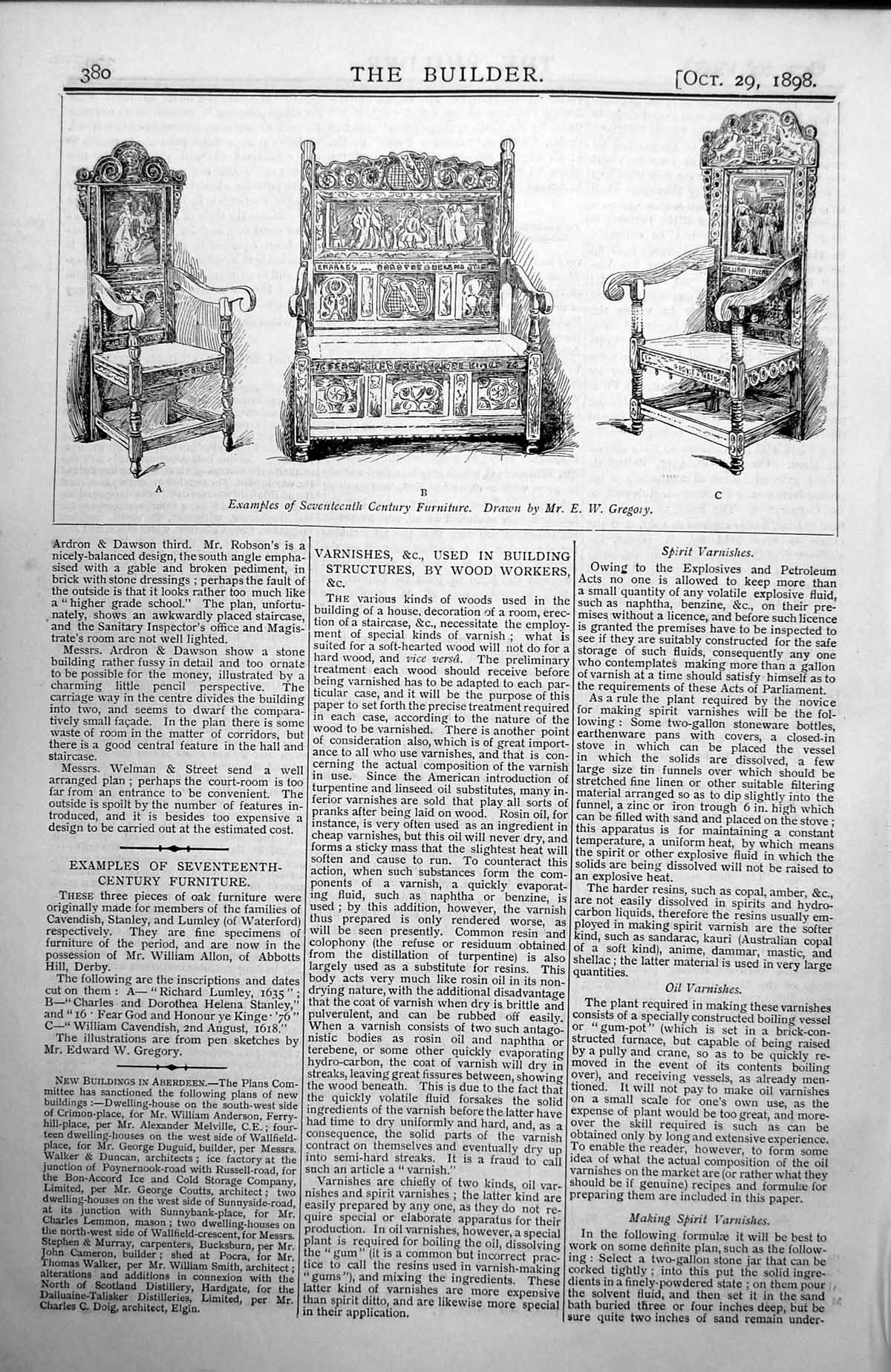 Old Antique Print Examples Seventeenth Century Furniture Oak Seating 1898 19th