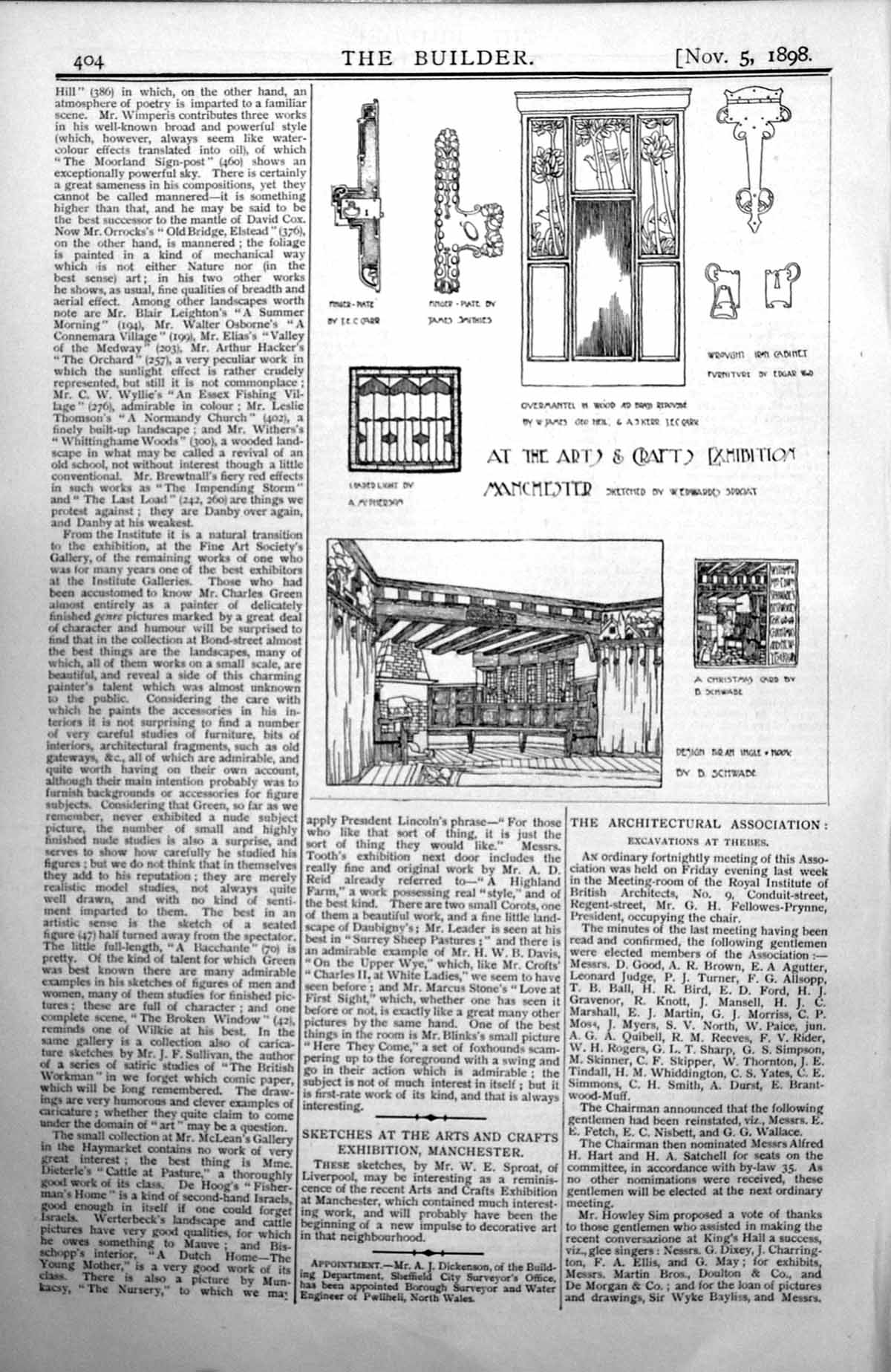 Old Print Arts Crafts Exhibition Manchester Finger Plates Overmantle 1898 19th