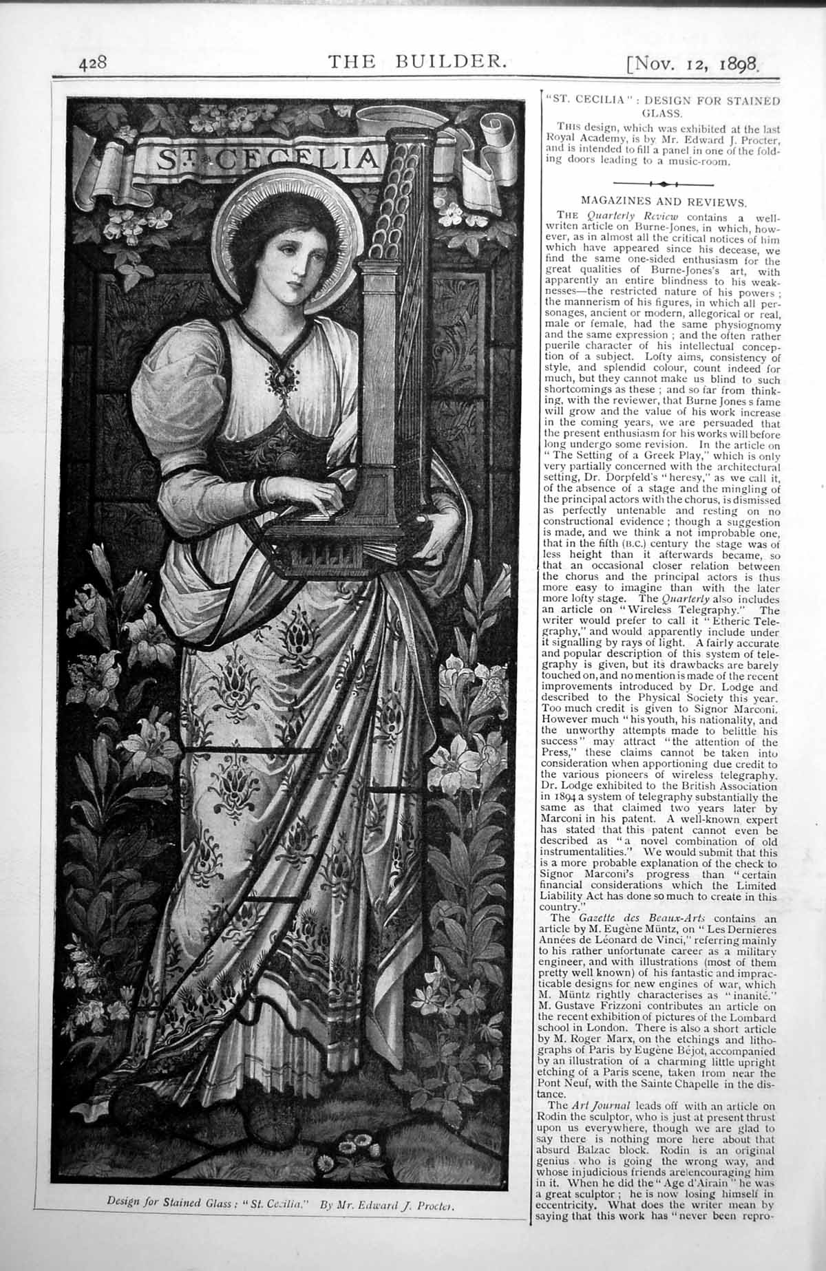 Old Antique Print Design Stained Glass Cecilia Mr Edward J Procter 1898 19th
