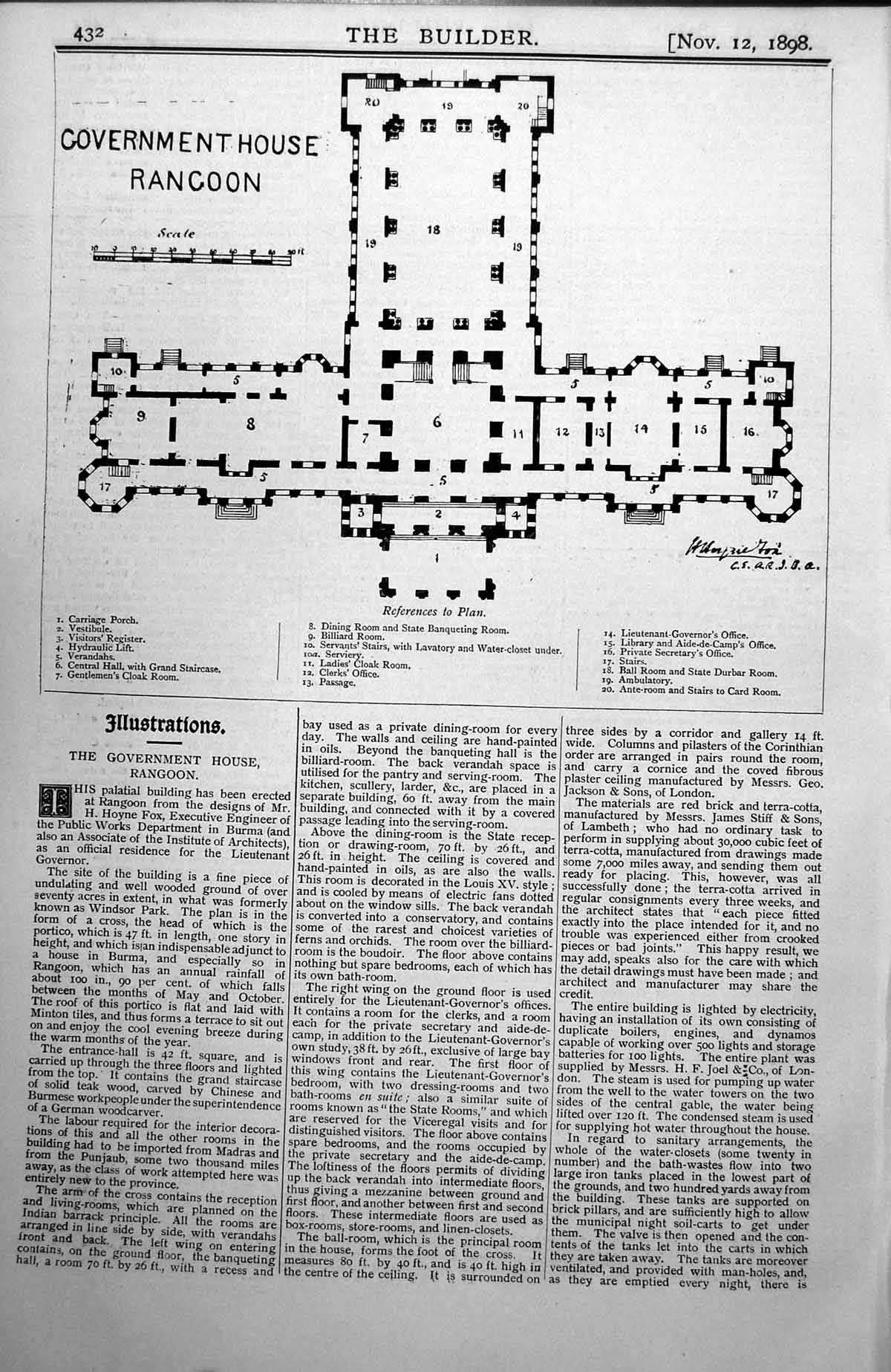 Antique Old Print Government House Rangoon H Hoyne Fox Architect Plan 1898 19th