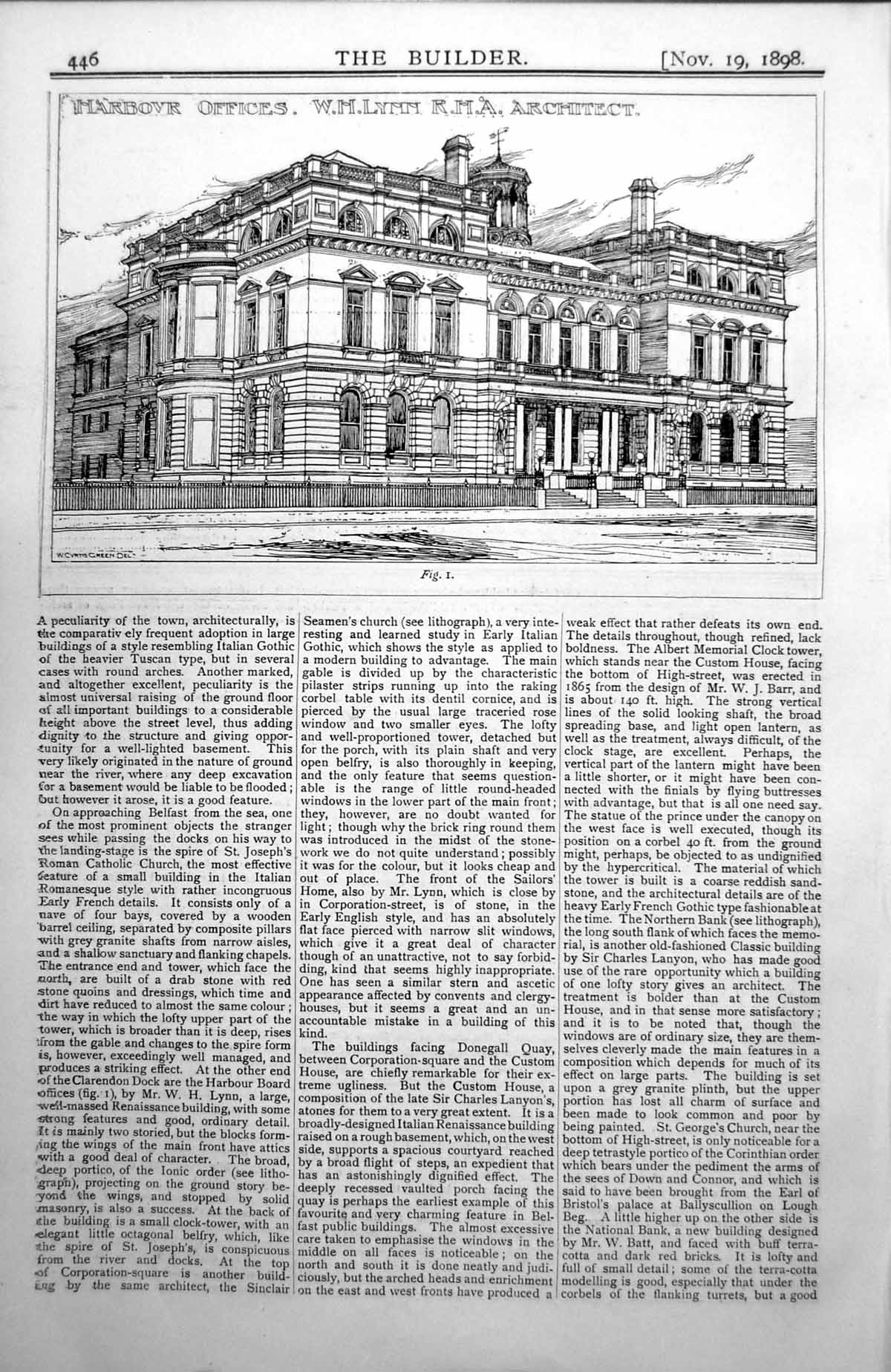 Original Old Antique Print Harbour Offices Wh Lynn Architect Belfast 1898 19th