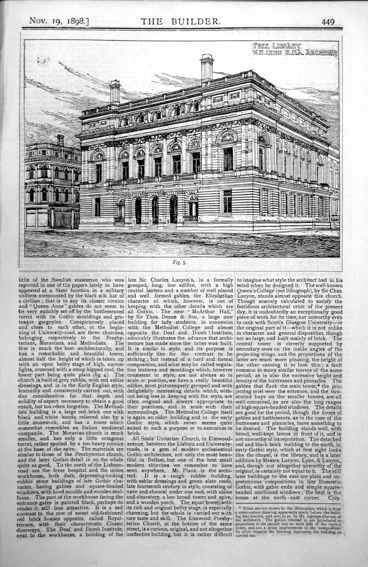 Original Old Antique Print Free Library Belfast Wh Lynn Architect 1898 19th