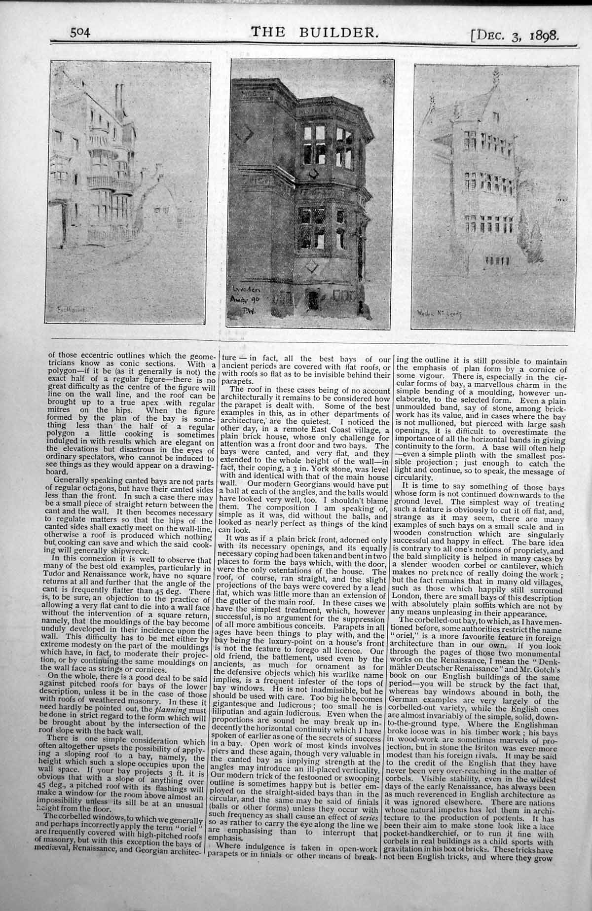 Original Old Antique Print Buildings With Bay Windows Three Examples 1898 19th