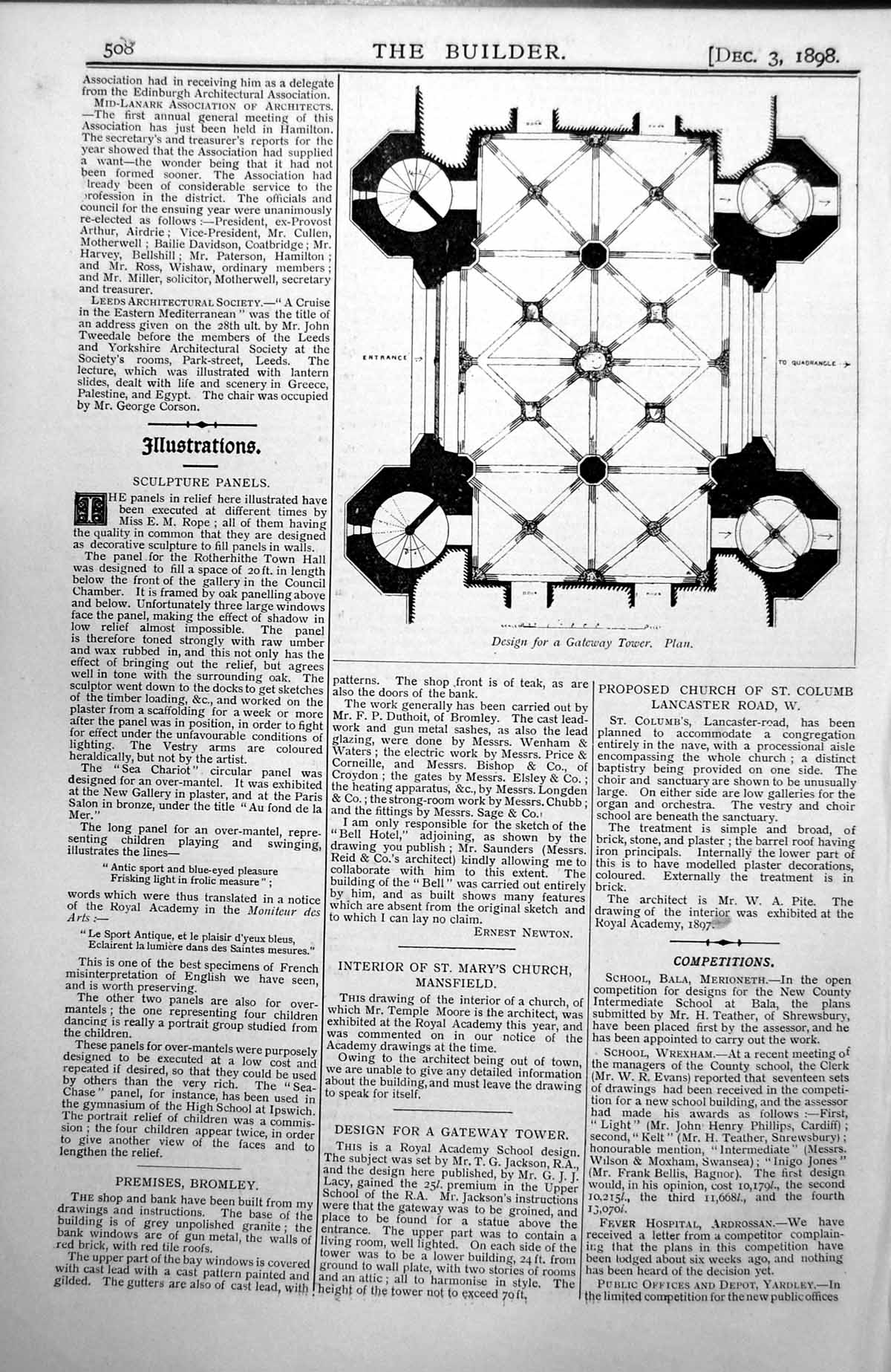 Antique Print Design For Gateway Tower Plan Royal Academy School Work 1898 19th