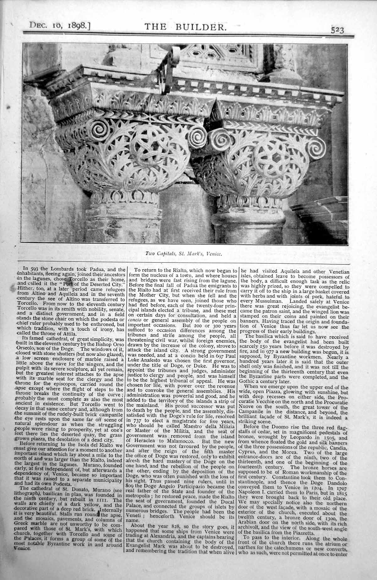 Original Old Antique Print Two Capitals St Mark'S Venice Ornate Designs 1898