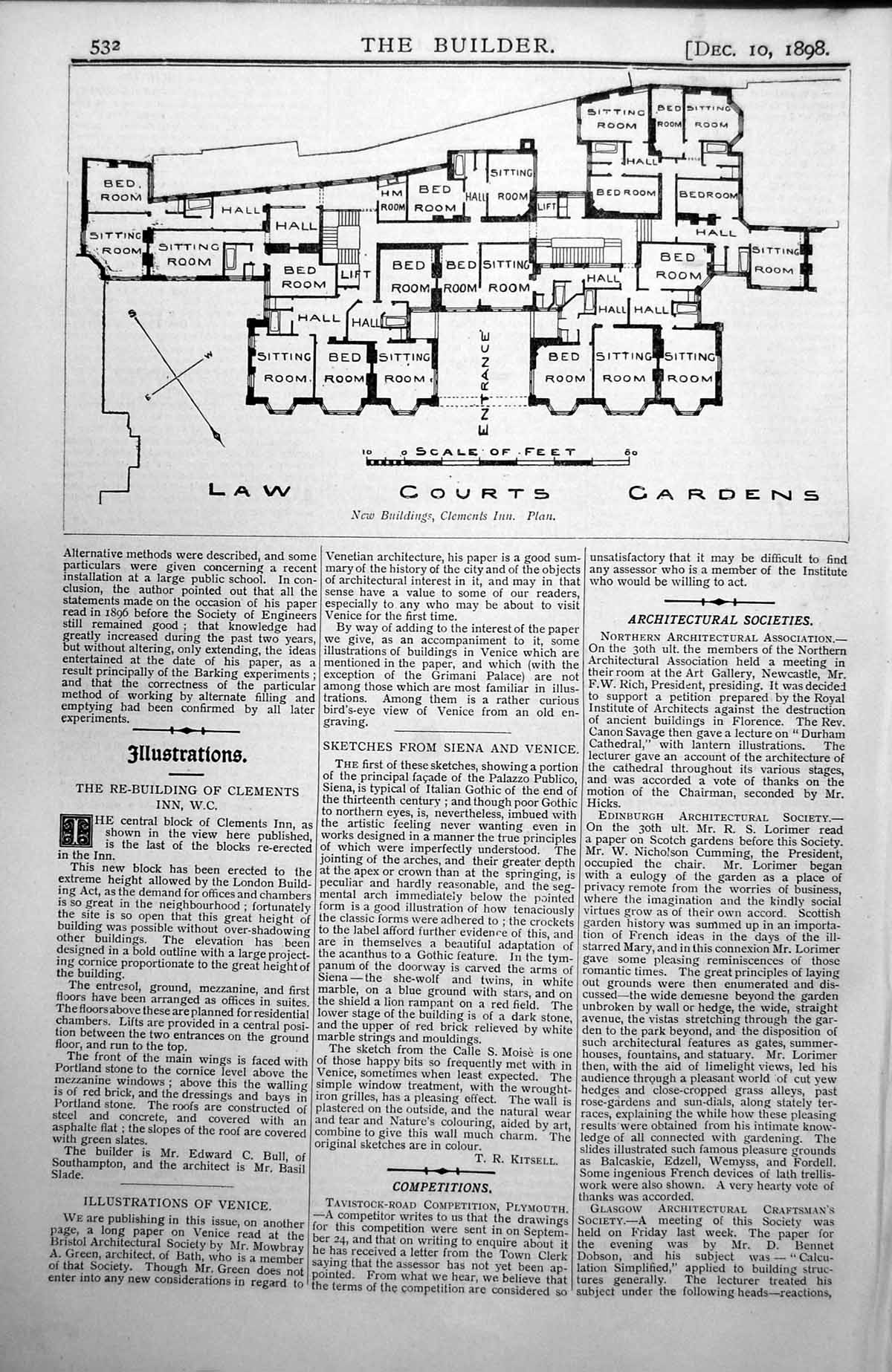Old Antique Print New Buildings Clements Inn Law Courts Gardens Plan 1898 19th